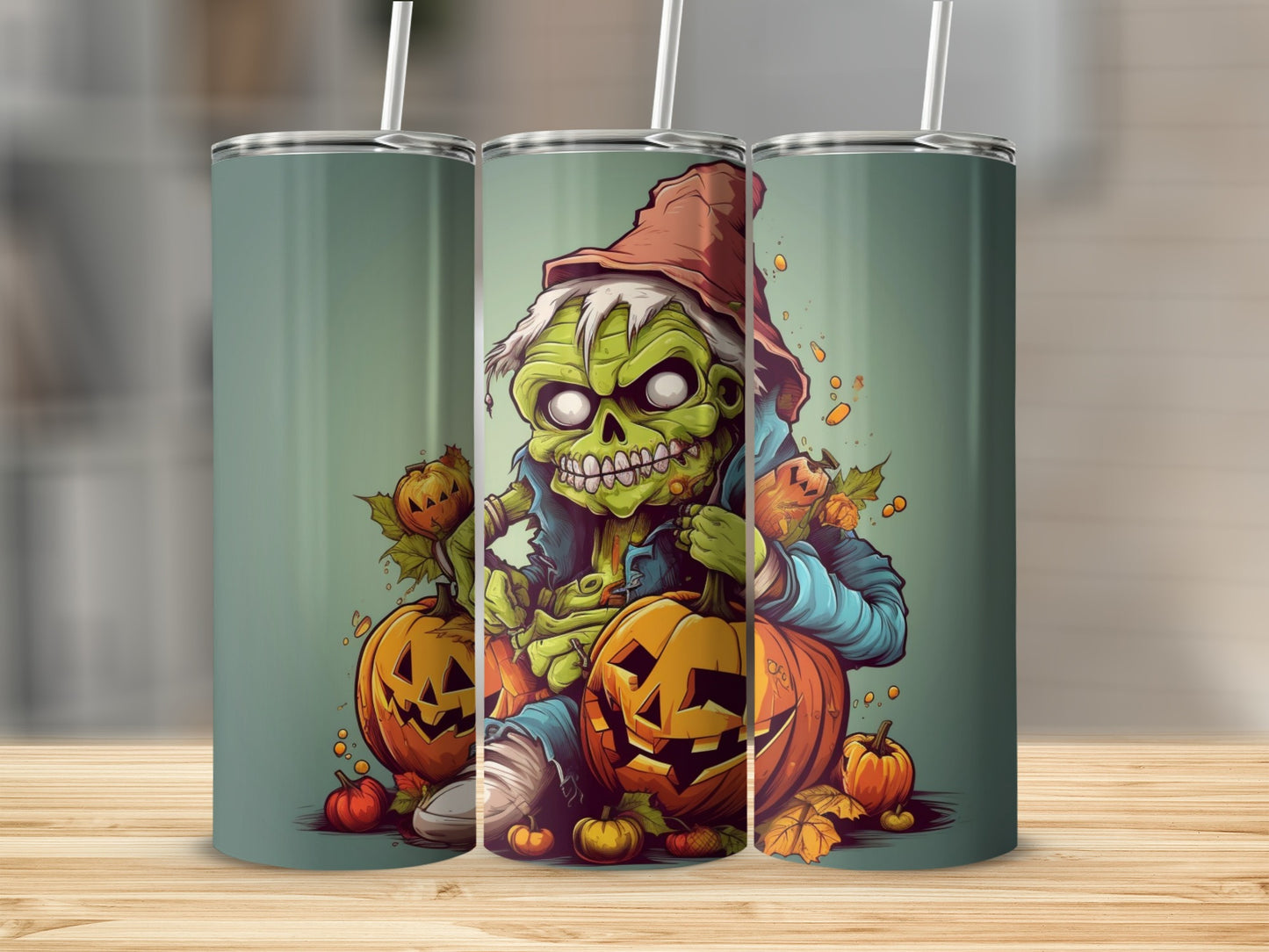 Zombie character with pumpkins and autumn leaves on a green tumbler