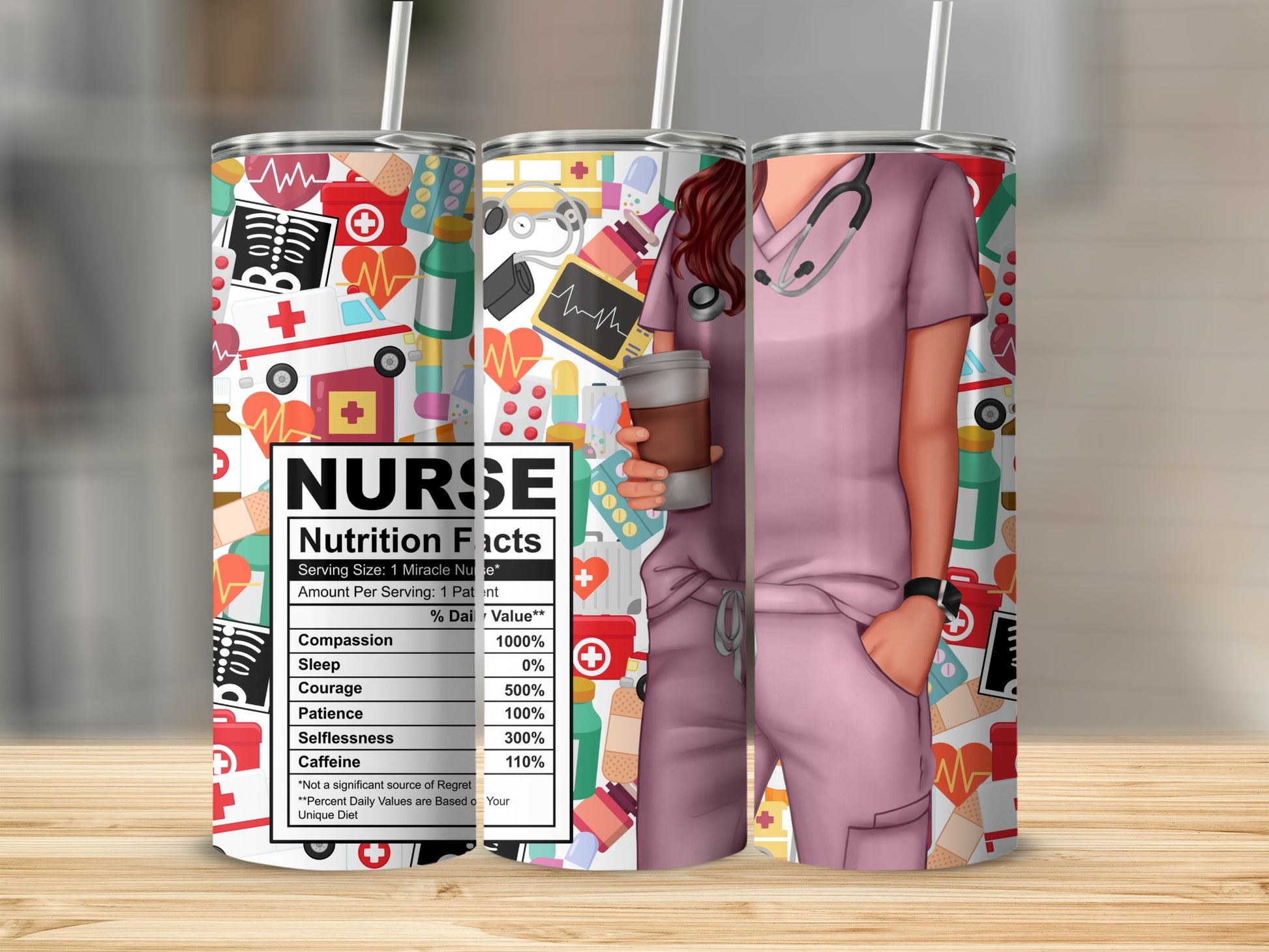 Tumbler with nurse-themed graphic and nutrition facts label.