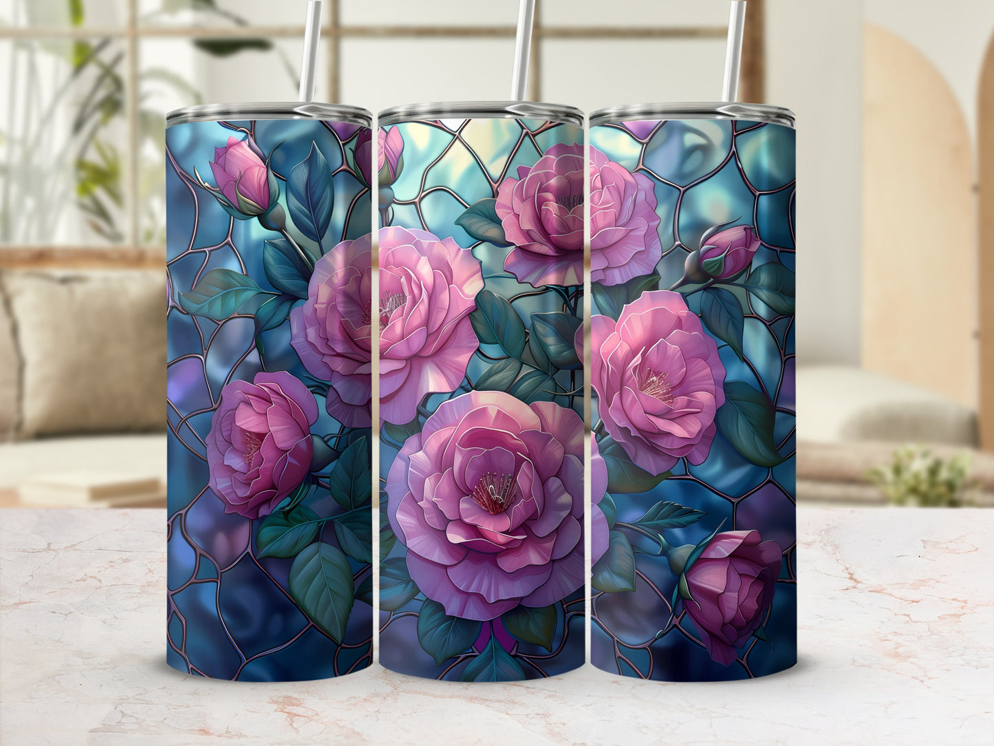 Three tumblers with a stained-glass rose floral design.