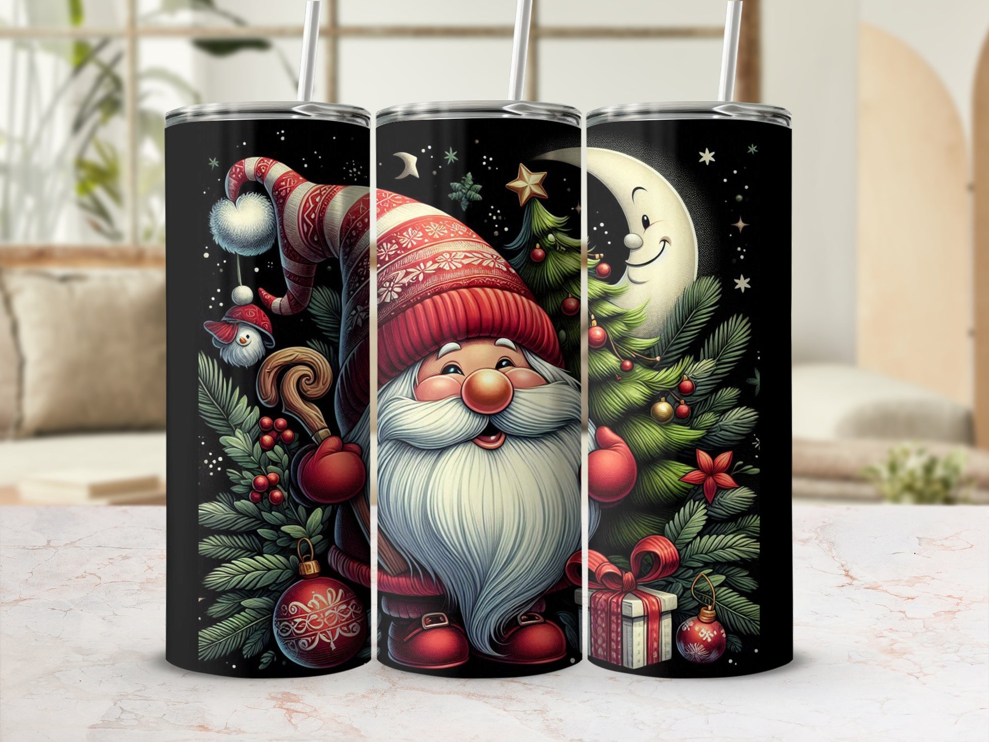 Santa Claus, Christmas tree, crescent moon, and presents on a dark background.