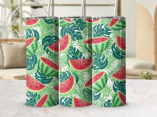 Three tumblers with watermelon and tropical leaf pattern.