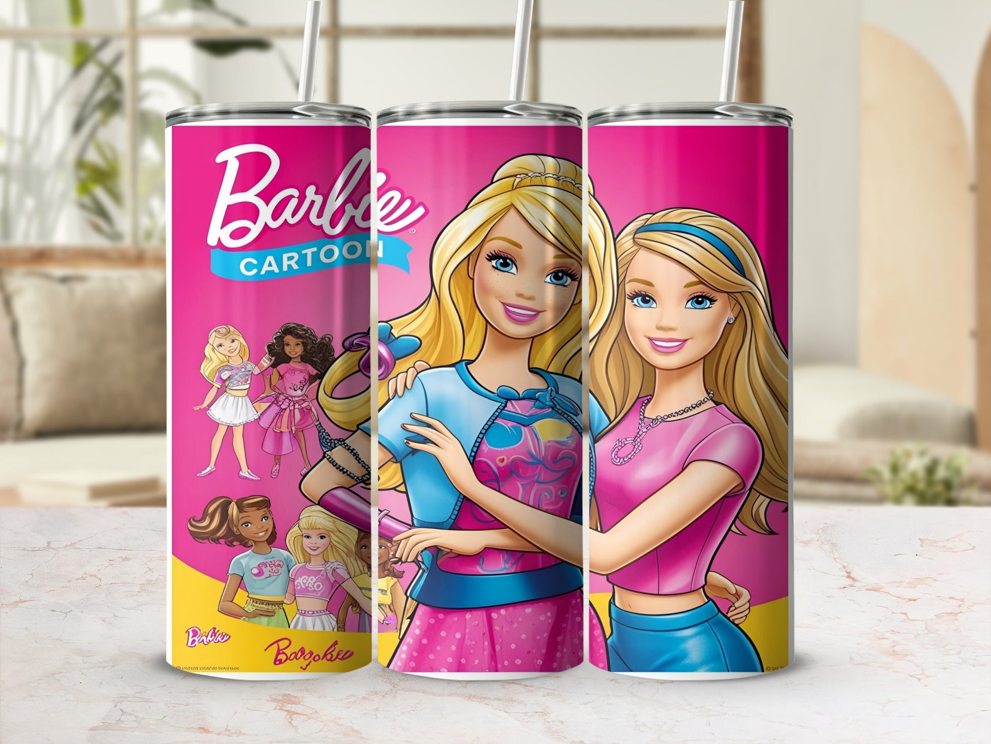 Barbie cartoon tumbler with Barbie characters and text "Barbie Cartoon".
