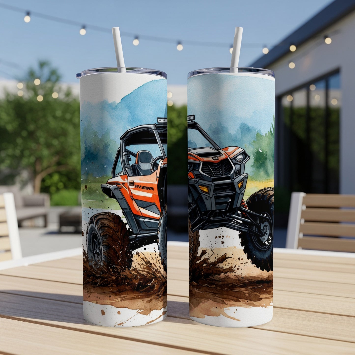 Orange and black UTV jumps through mud splash, watercolor background.