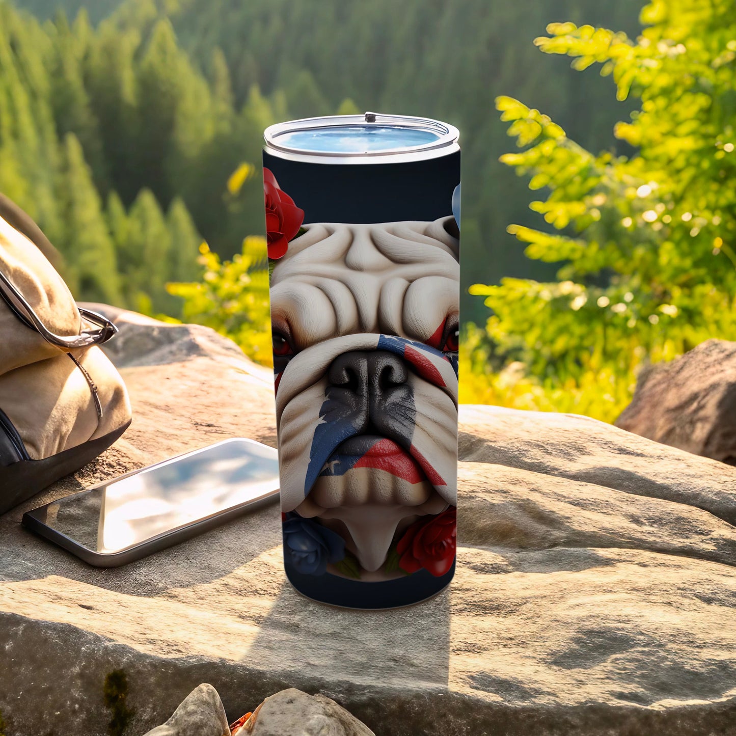 Bulldog with American flag and roses design on a black tumbler.
