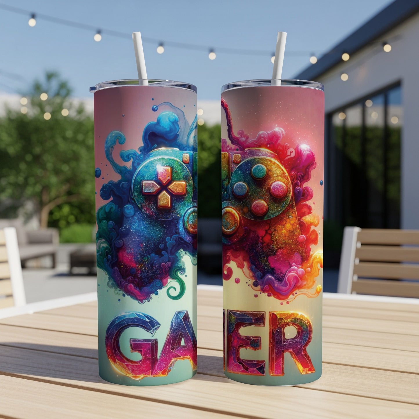 Two colorful tumblers with video game controller and "GAER" text designs.