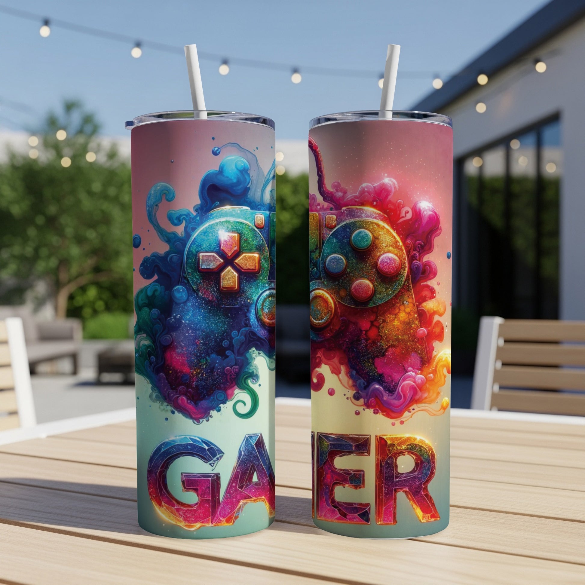 Two colorful tumblers with video game controller and "GAER" text designs.
