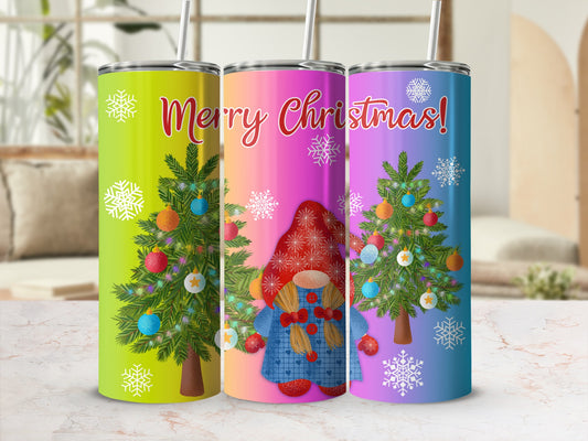Three tumblers with Christmas gnome and tree designs and "Merry Christmas!" text.