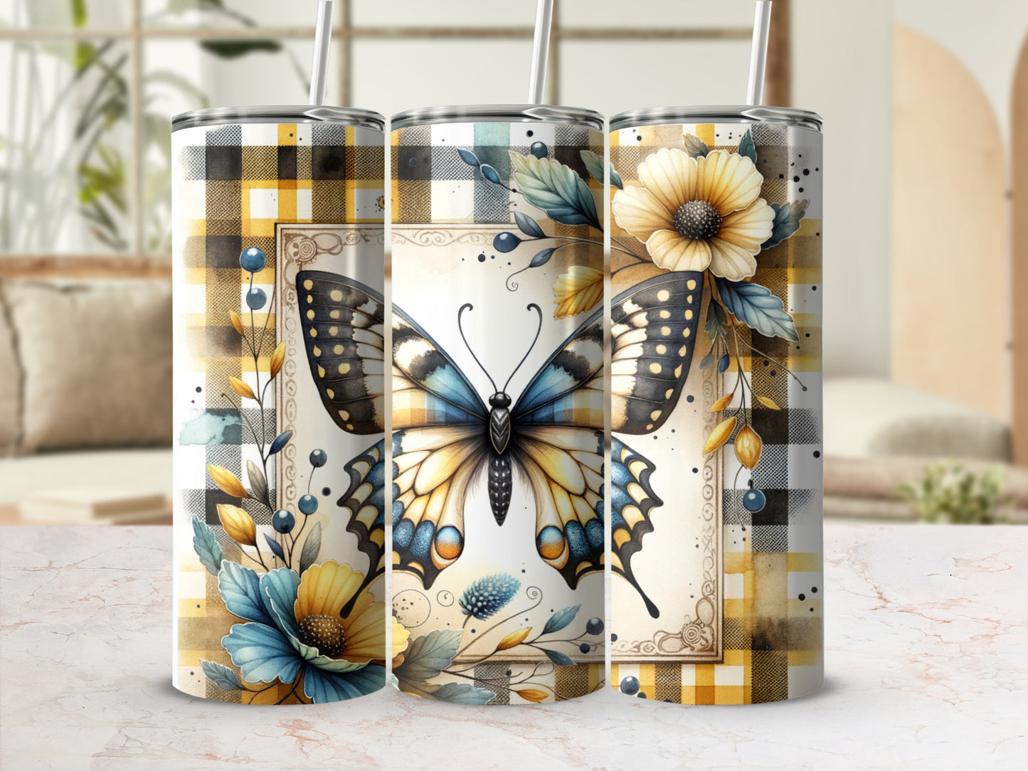 Tumbling buffalo plaid tumbler with butterfly and floral design.