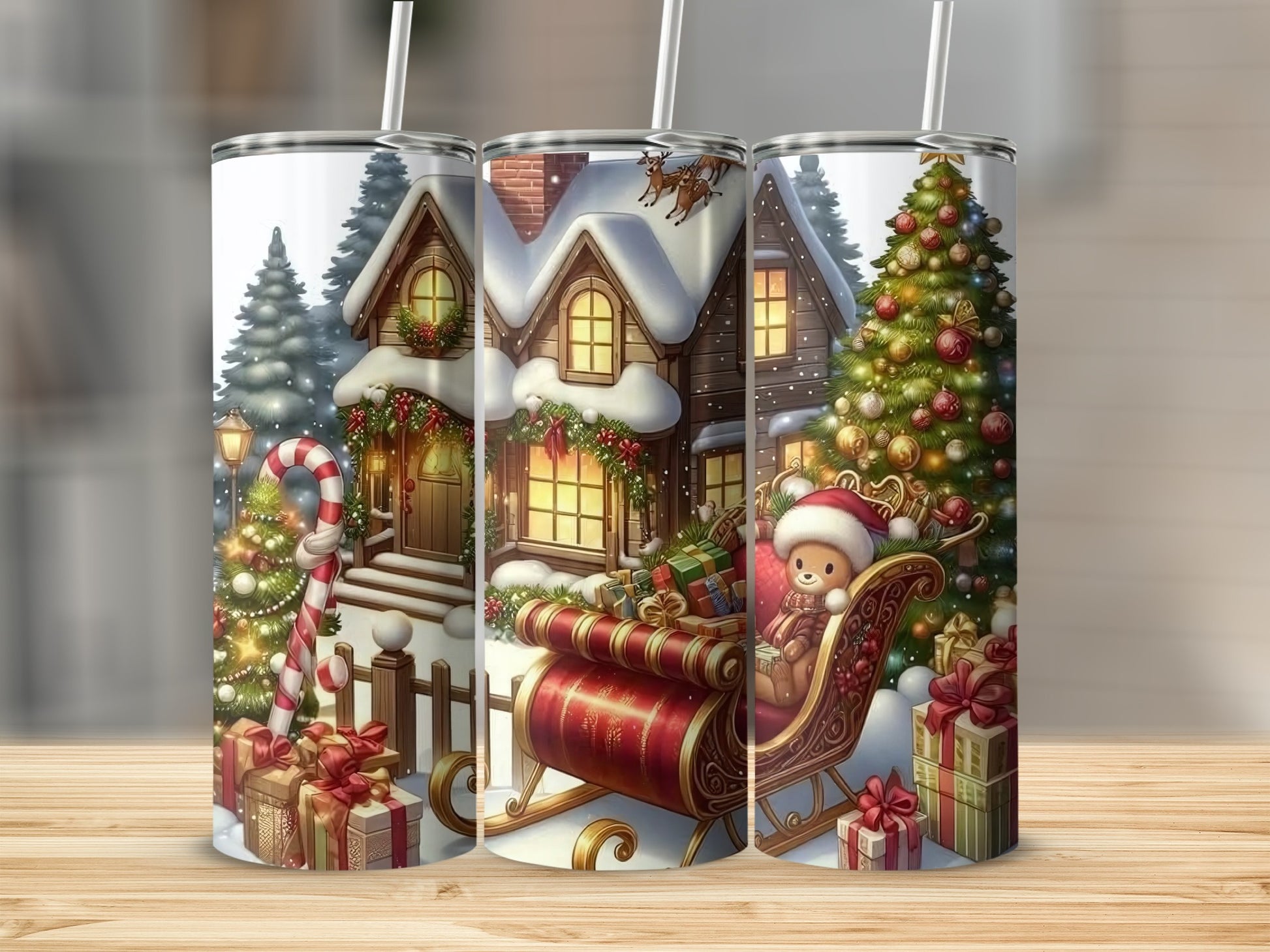 Festive Christmas Scene with Gifts and Sleigh Tumbler