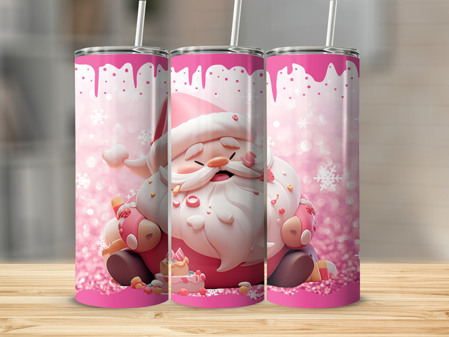 Pink Tumbler with Santa Sweets and Snowflakes Design