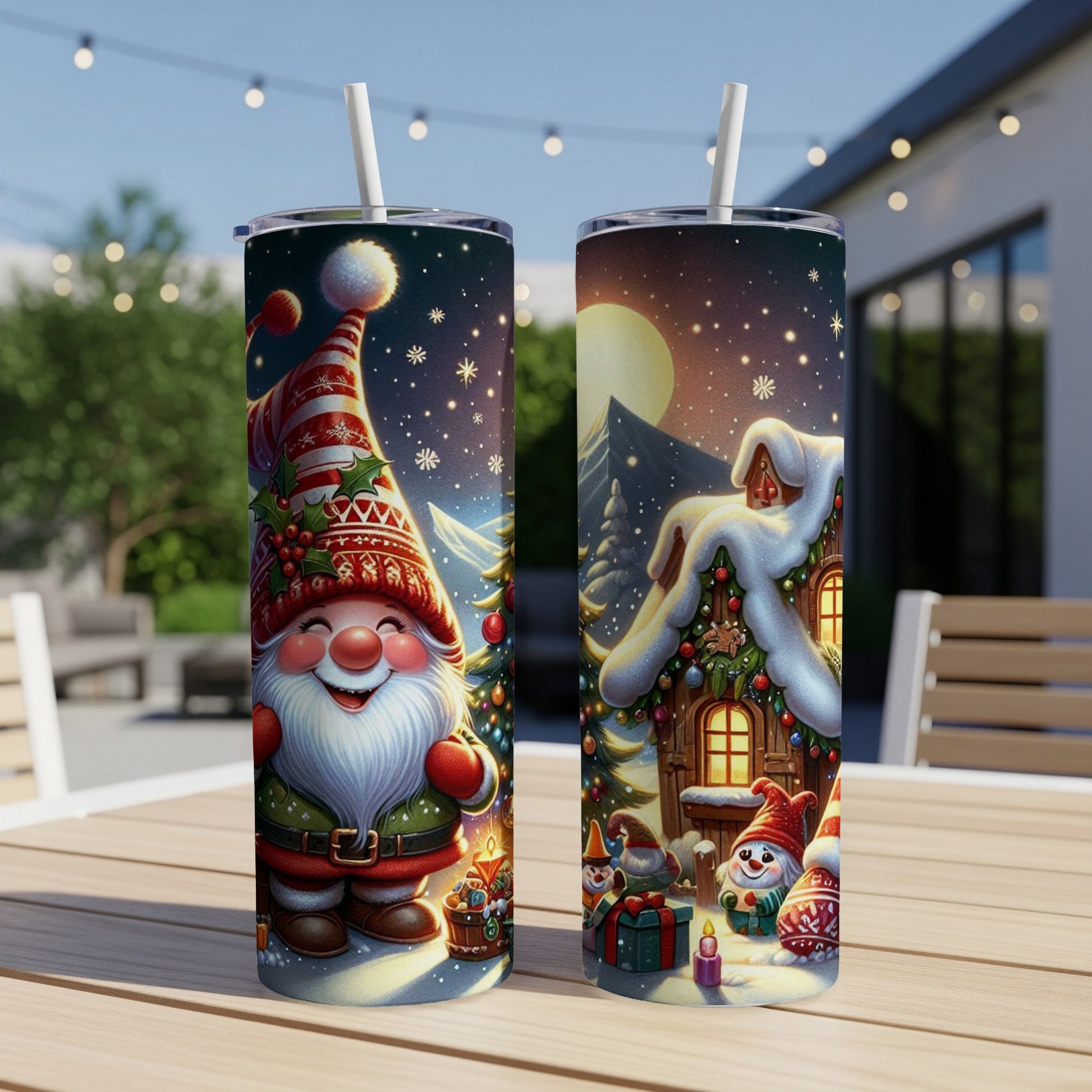 Two tumblers featuring a cheerful gnome and a festive holiday scene.