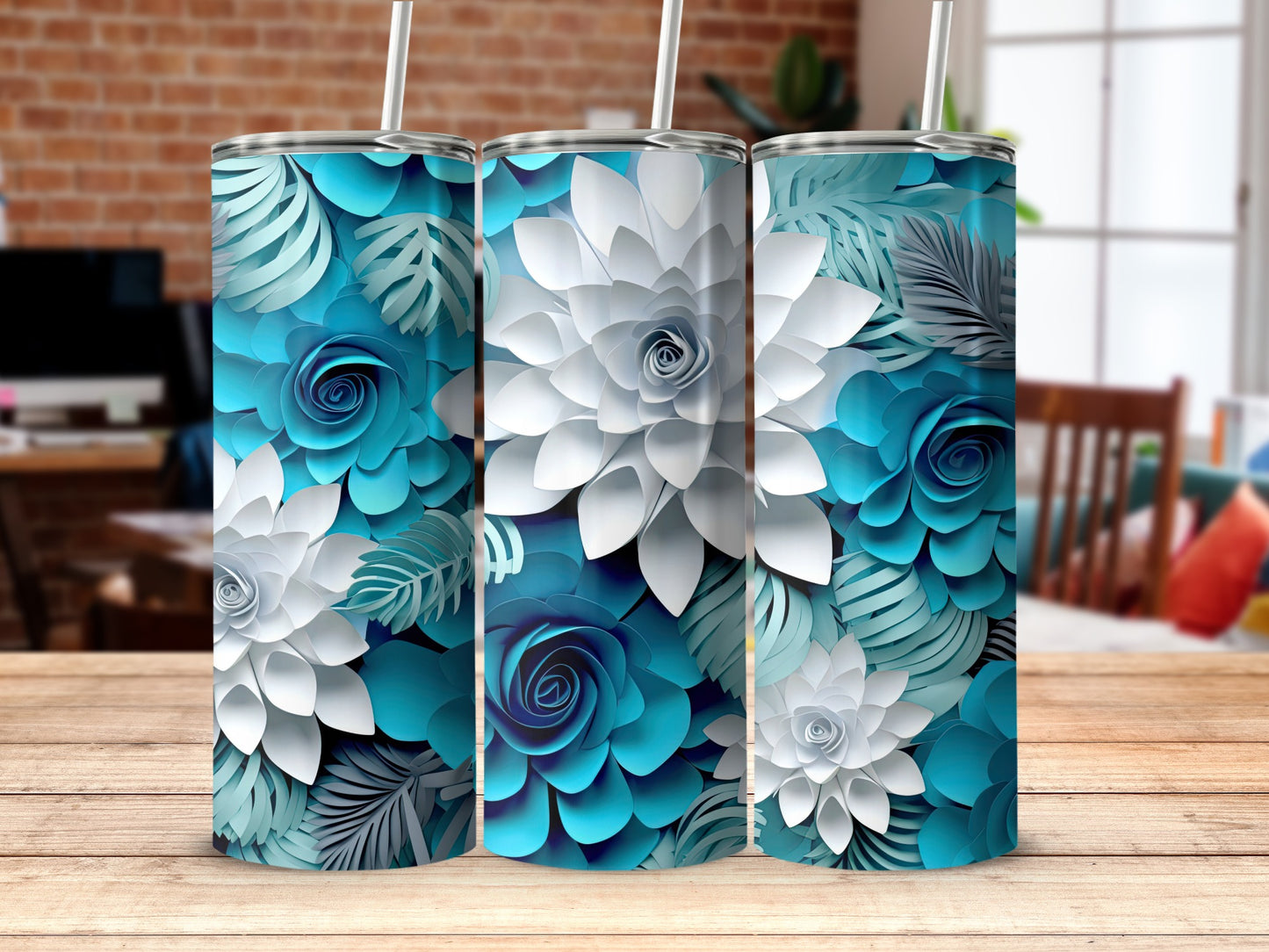 Floral Design Blue and White Tumbler