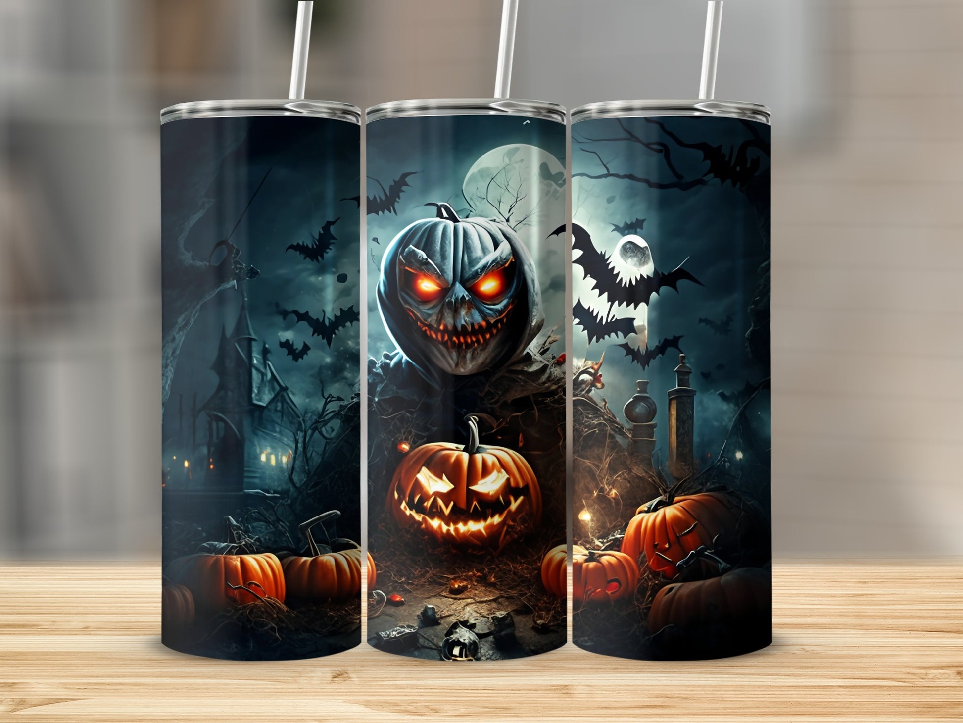 Spooky Halloween Themed Tumbler with Pumpkins and Bats