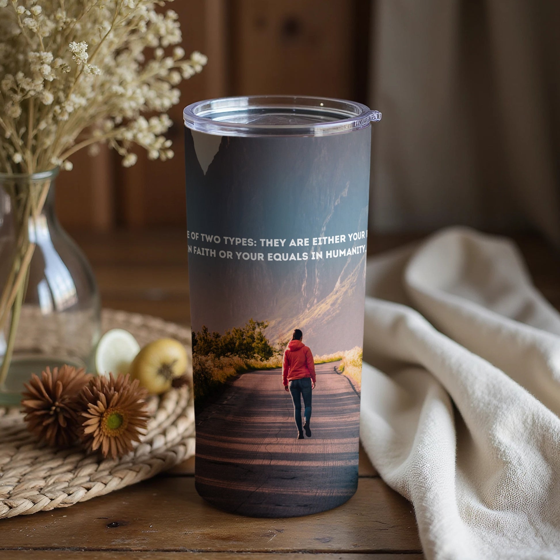 Outdoor Adventure Scene with Uplifting Quote tumbler