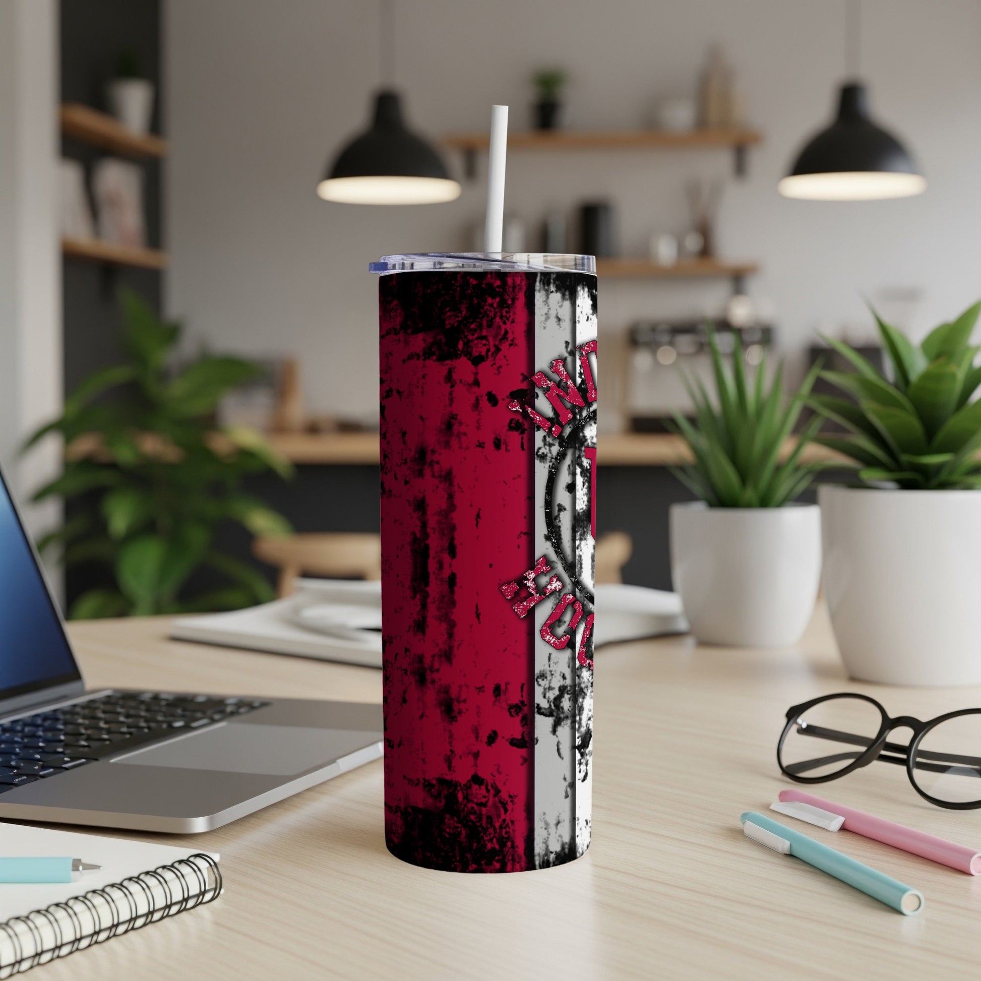 Tumbler featuring a distressed red, white, and black design with text.