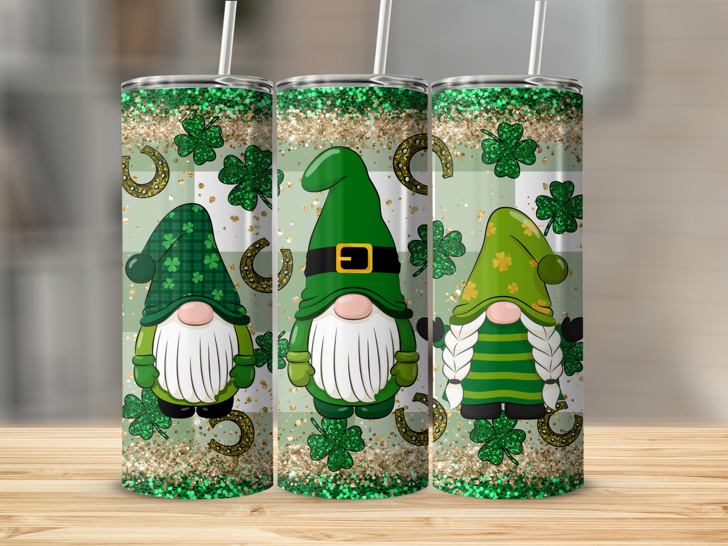 Three St. Patrick's Day gnomes with shamrocks and glitter accents.