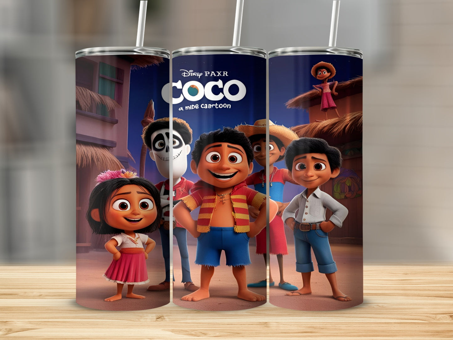 Coco movie characters Miguel, Hector, and Mamá Coco on a tumbler.
