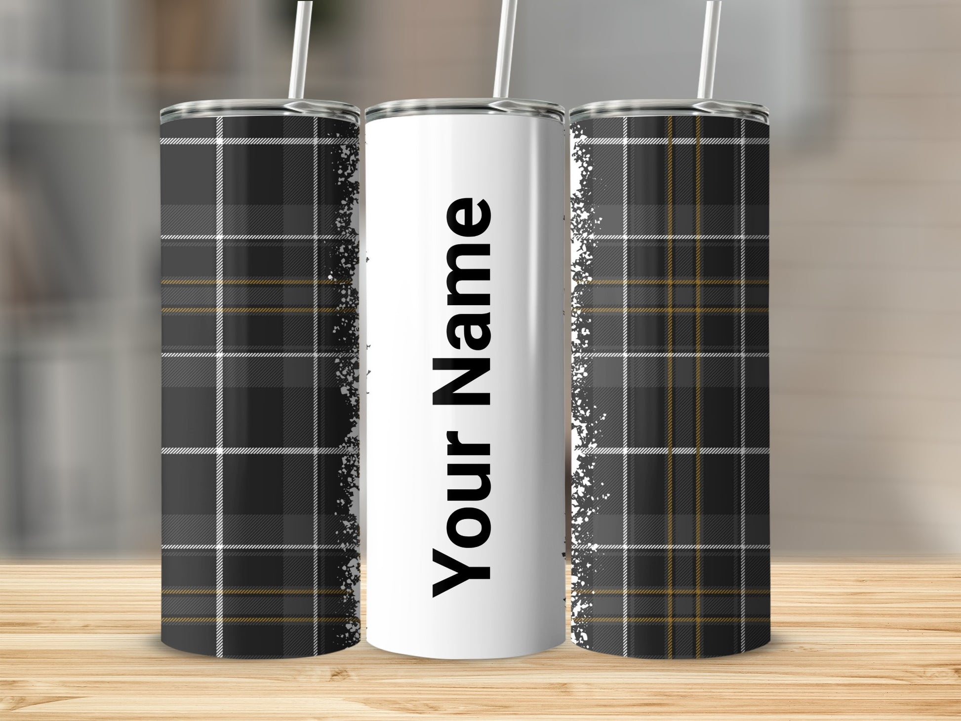 Personalized Black and White Plaid Tumbler Design