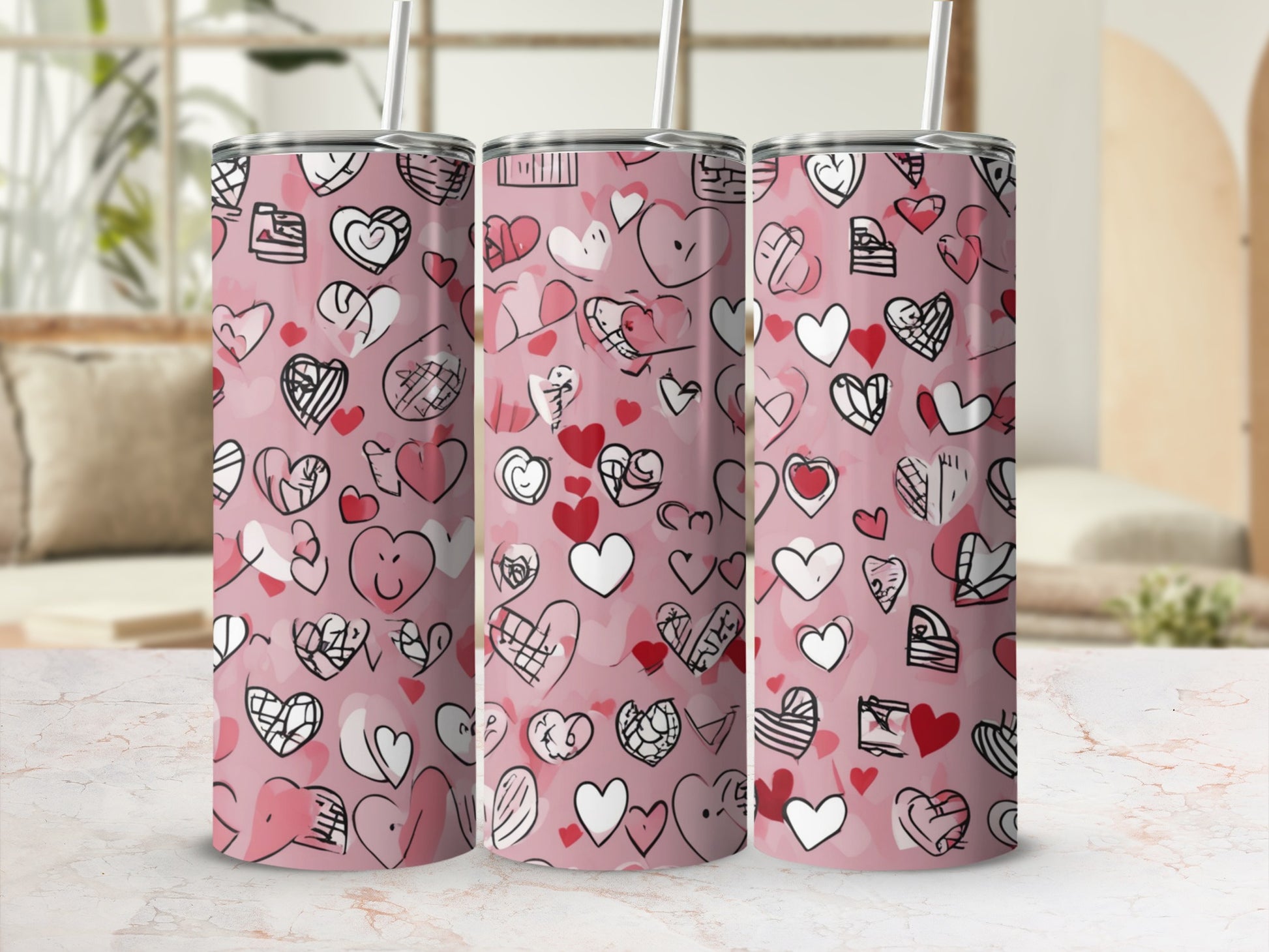 Heart Print Pink Tumbler with Straw for Cold Drinks
