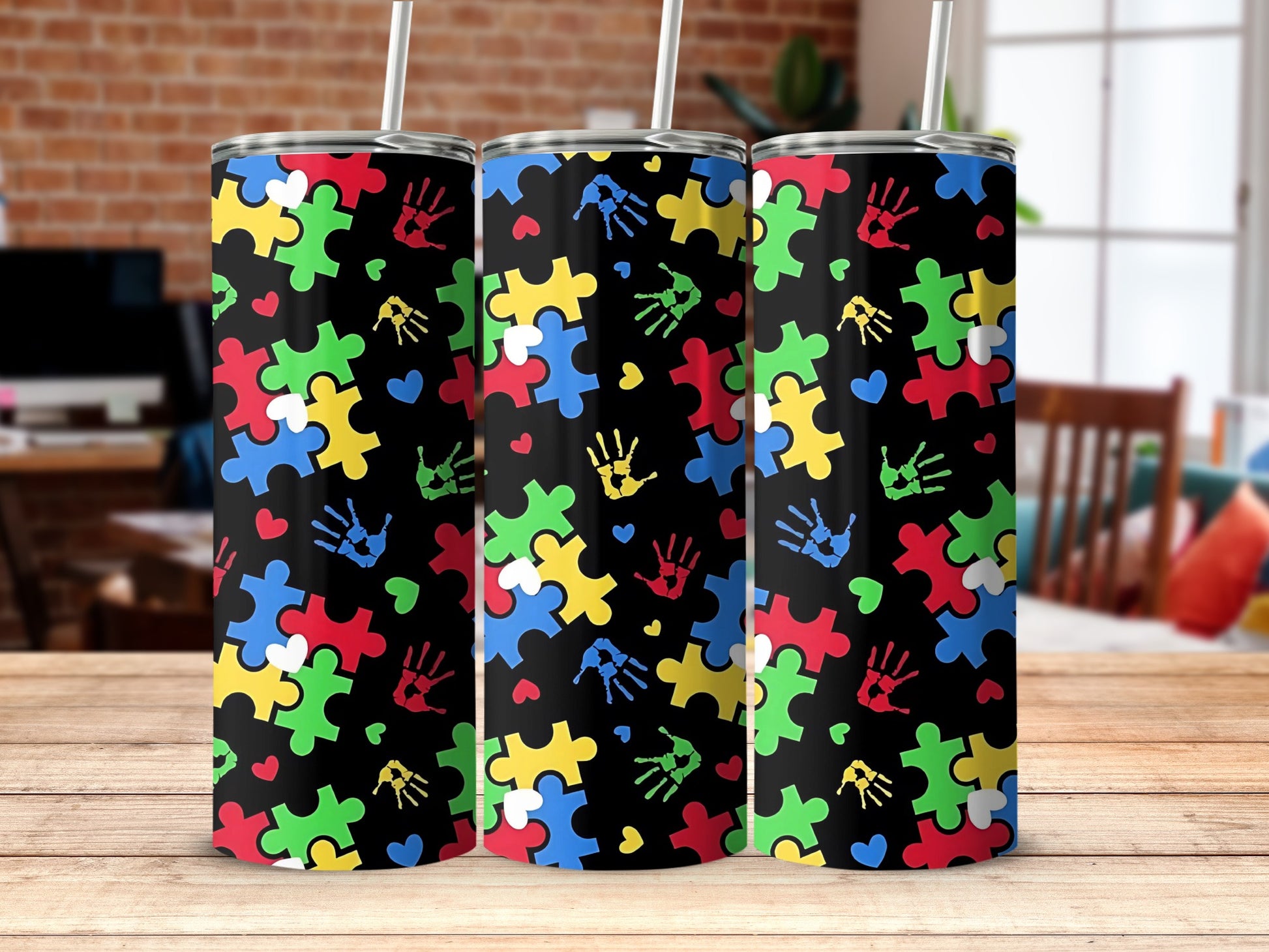 Colorful Puzzle Pieces Handprints Design Tumbler