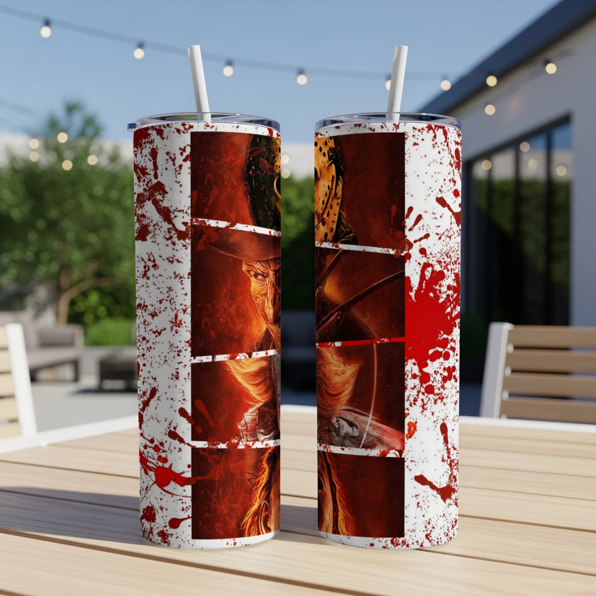 Tumbler with horror movie characters Freddy Krueger and Jason Voorhees designs.