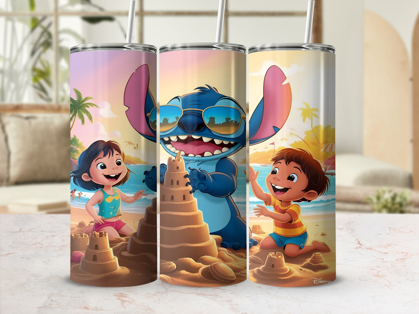Stitch and two children build sandcastles on a beach.