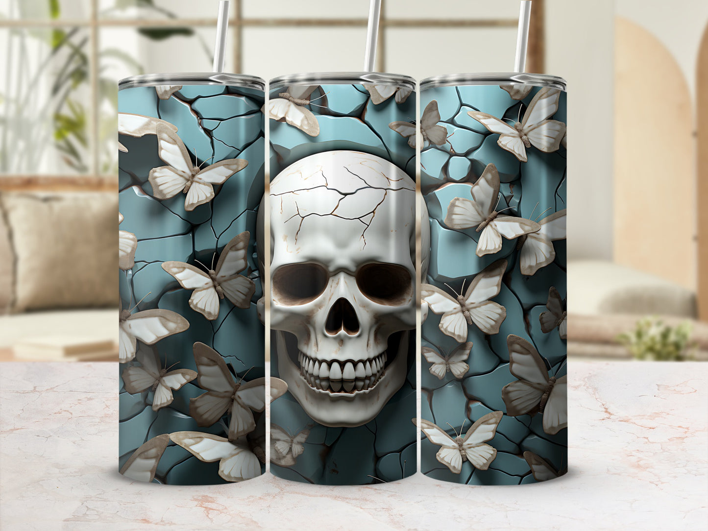 Skull with butterflies on a textured teal background, on three tumblers.