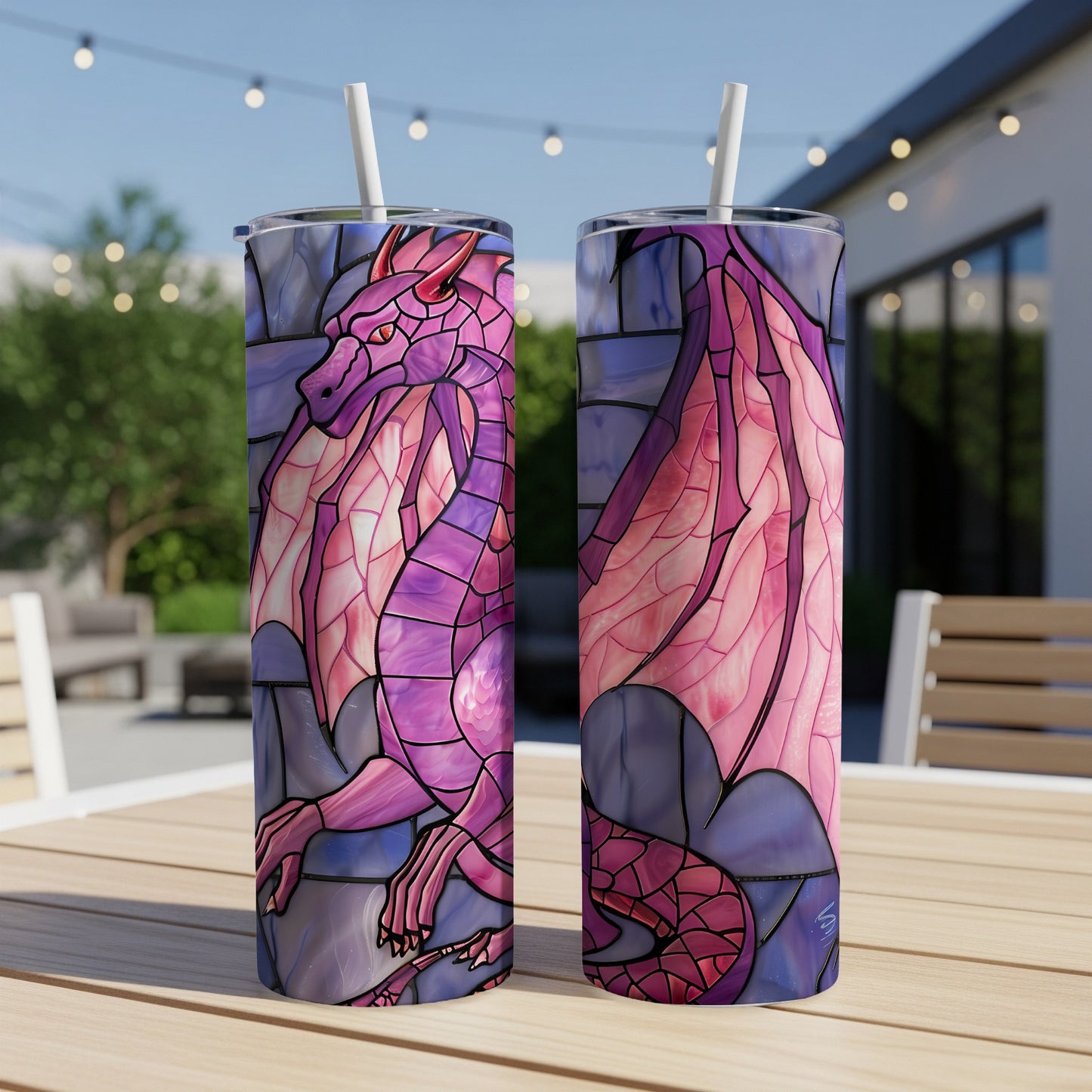 Two tumblers featuring a purple and pink stained-glass dragon design.