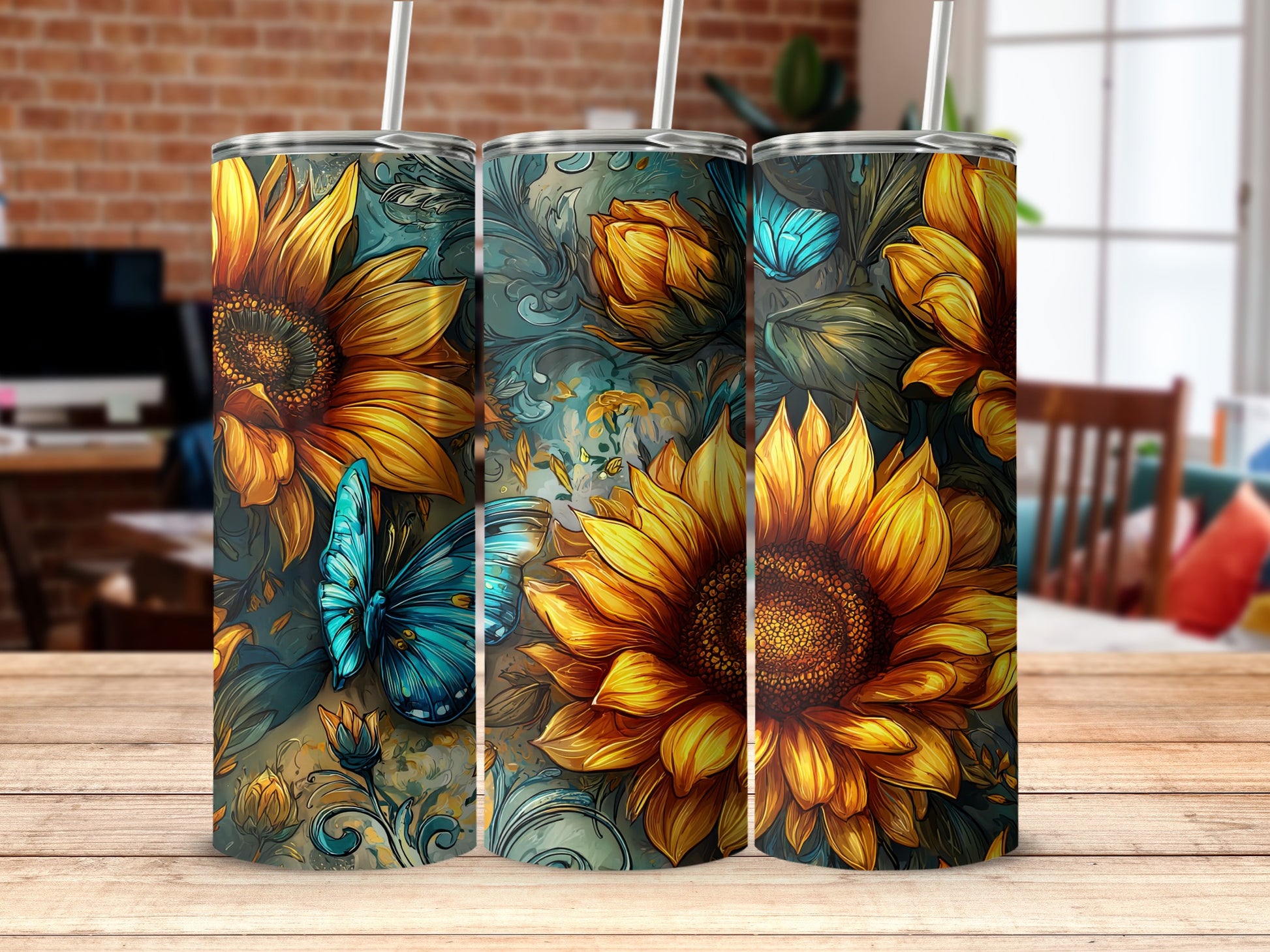 Sunflowers and Blue Butterflies Pattern Tumbler