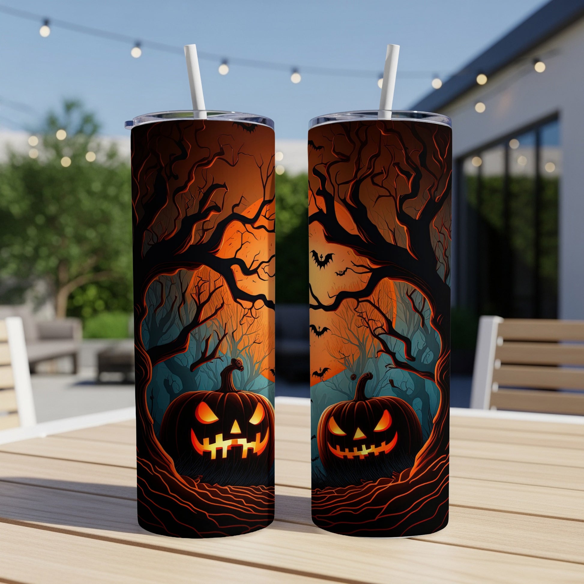 Two tumblers with a spooky Halloween design featuring jack-o'-lanterns and bare trees.