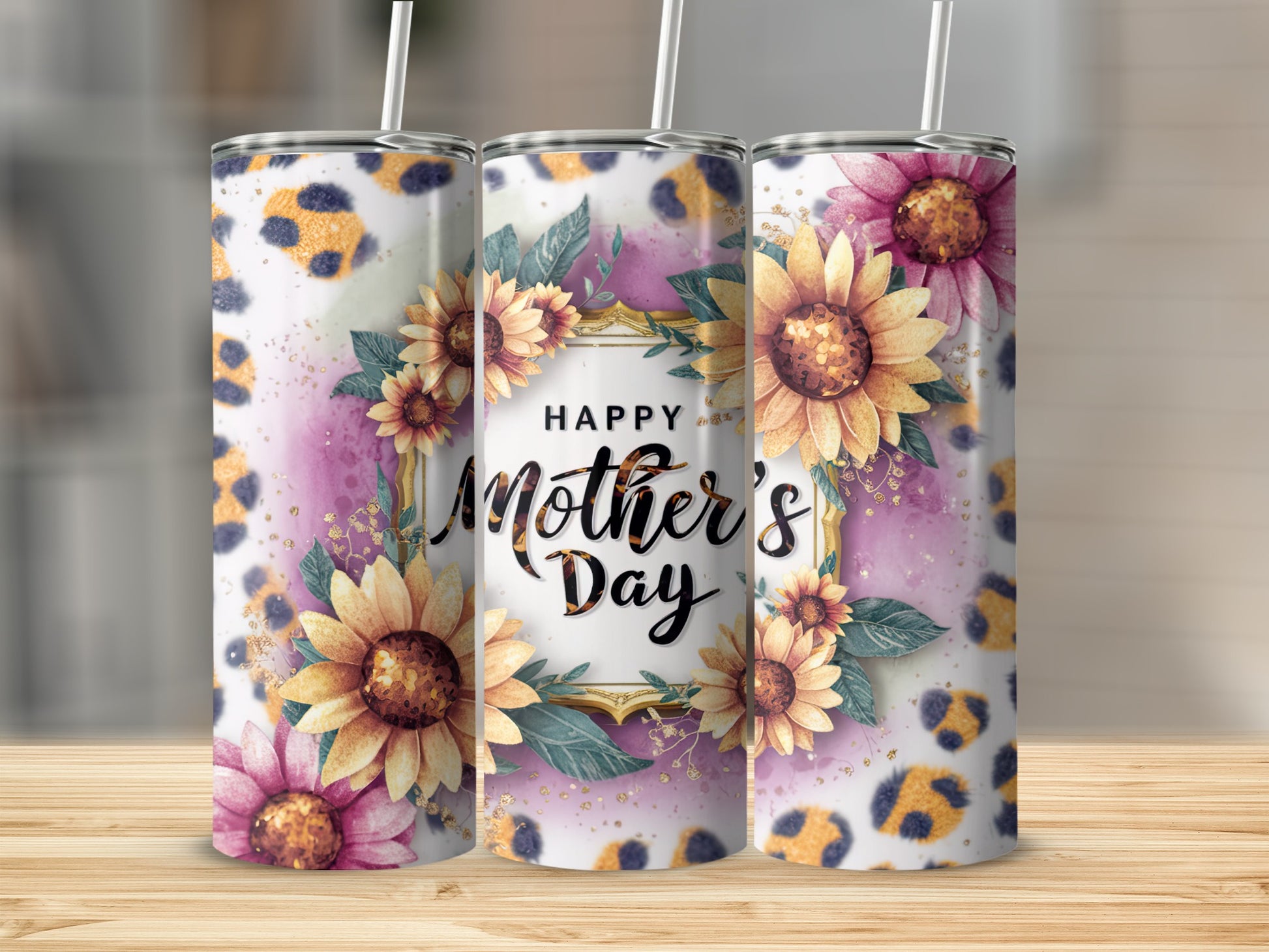 Three tumblers with floral and leopard print, celebrating Mother's Day.