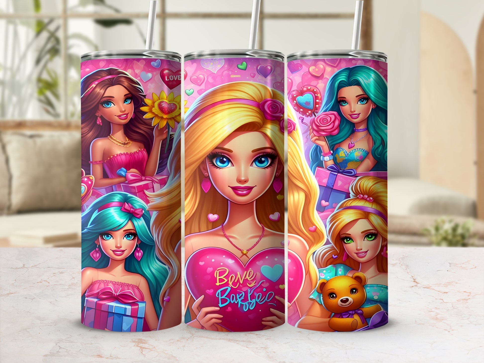 Barbie illustration with hearts and gifts, holding a pink heart that says "Believe Barbie."