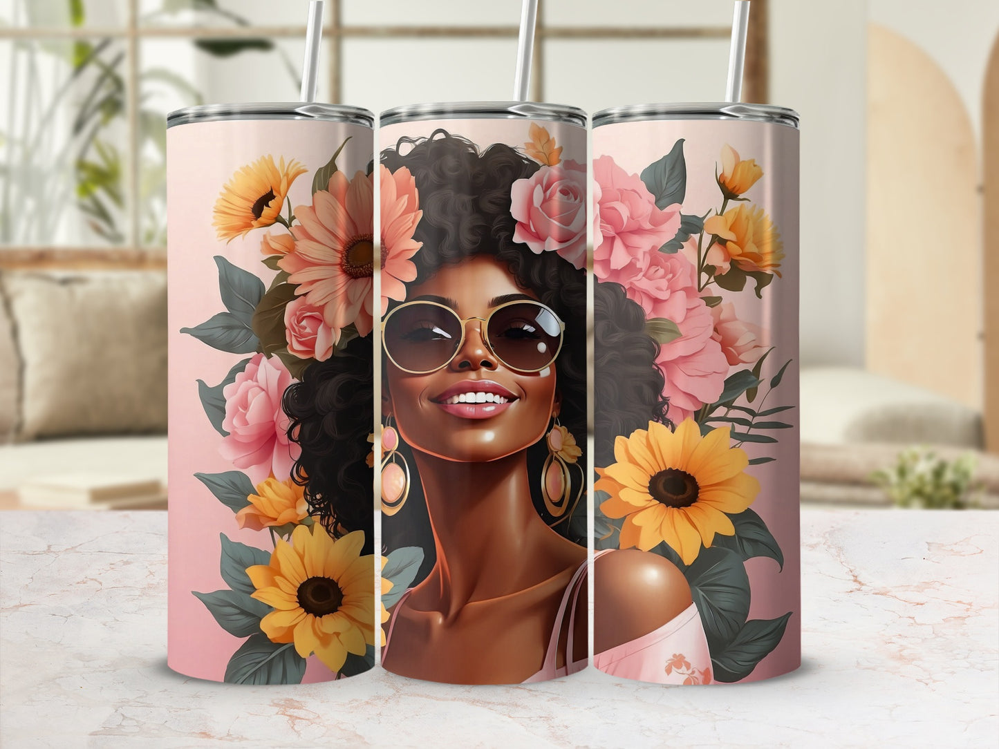 Three tumblers featuring a woman with a floral crown and sunglasses.