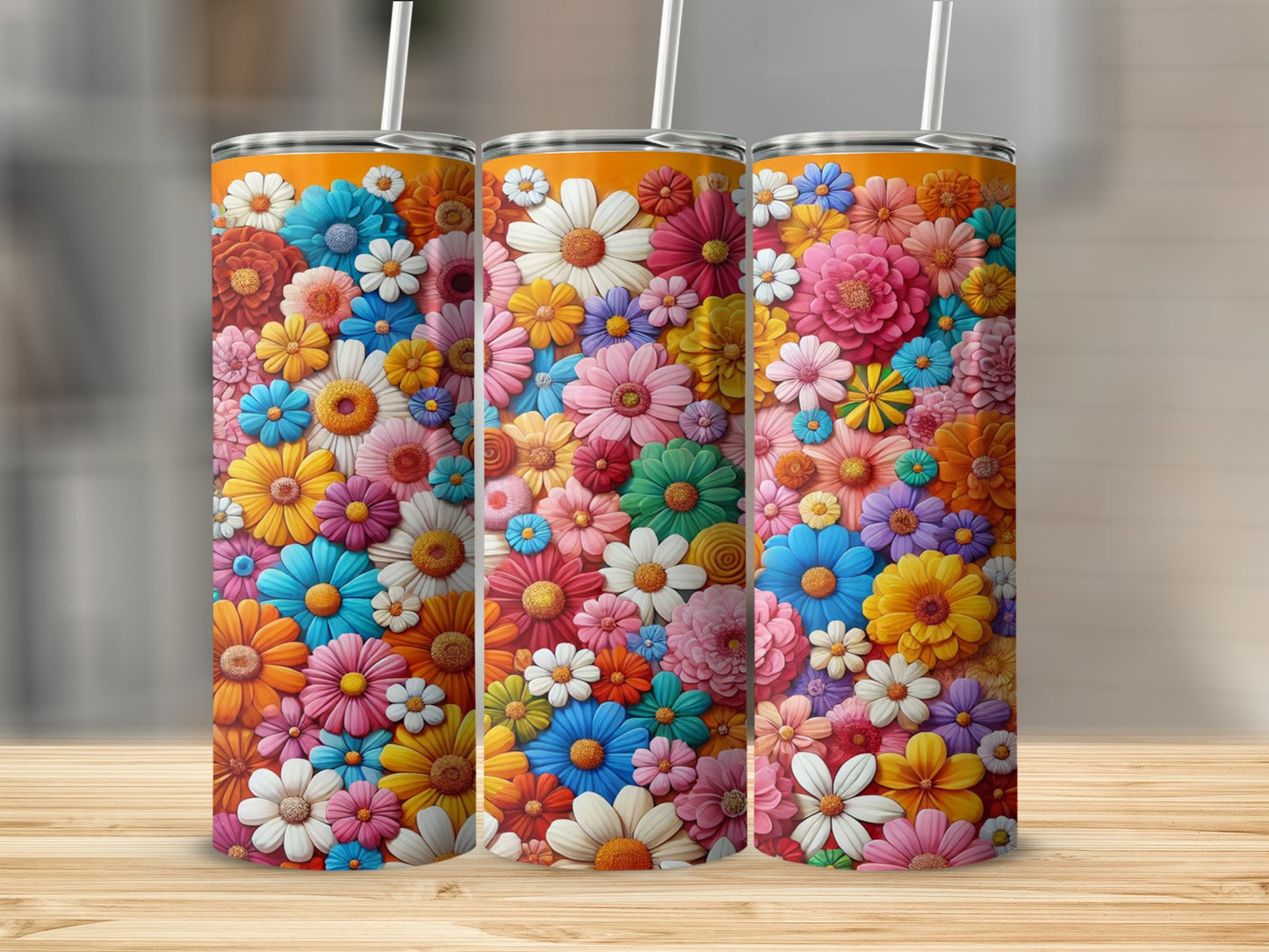 Colorful Floral Design Tall Tumbler Cup with Straw