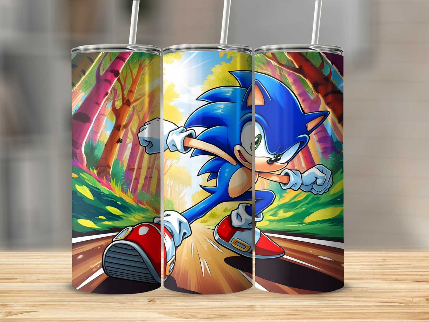 Sonic the Hedgehog running with trees and sun in the background.
