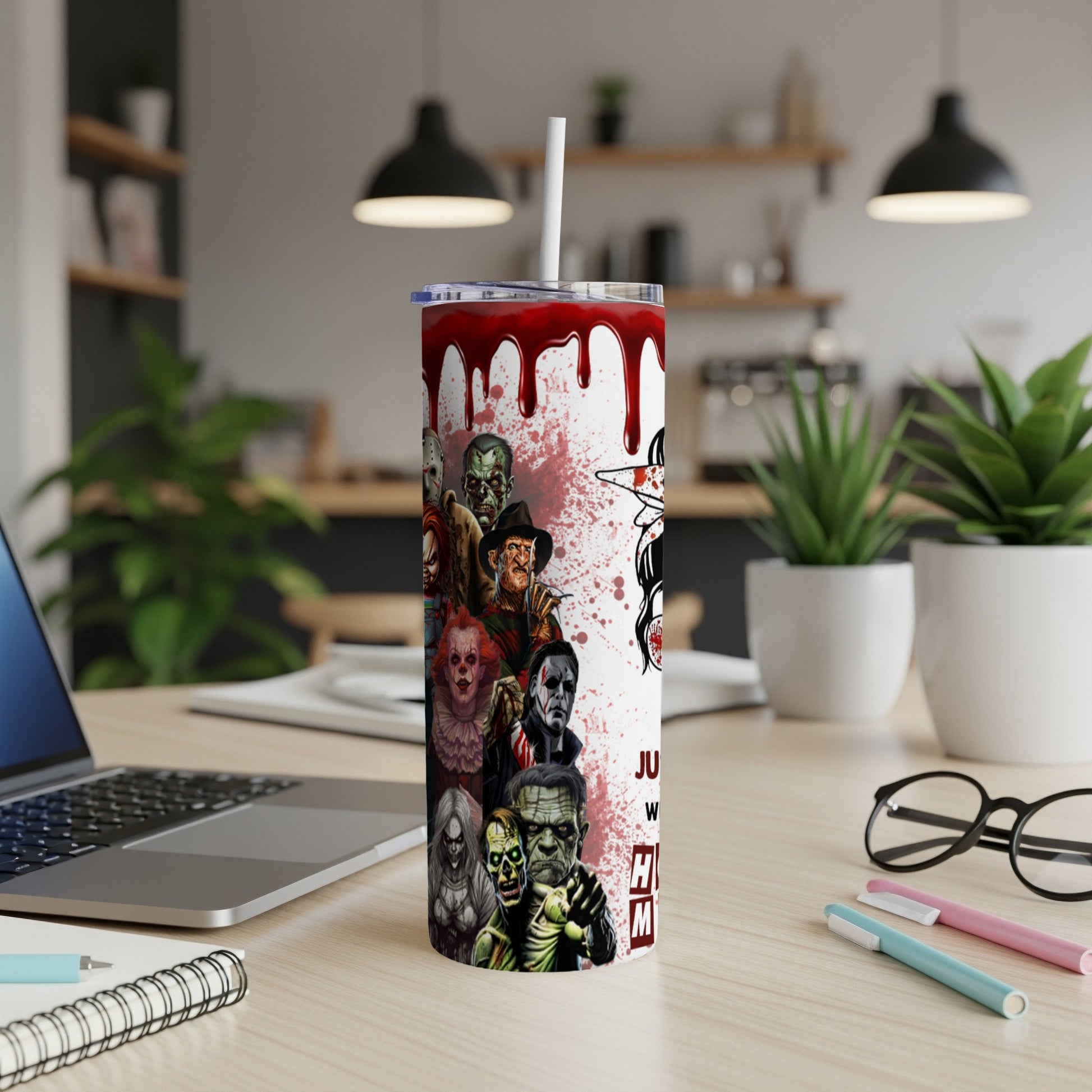 Tumbler with horror characters, blood drips, and "Just When You Thought It Was Safe To Go Back To The Movies" text.