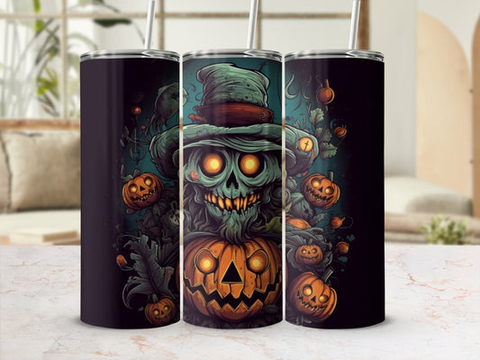 Three tumblers with a spooky Halloween design featuring a grinning skeleton and jack-o'-lanterns.