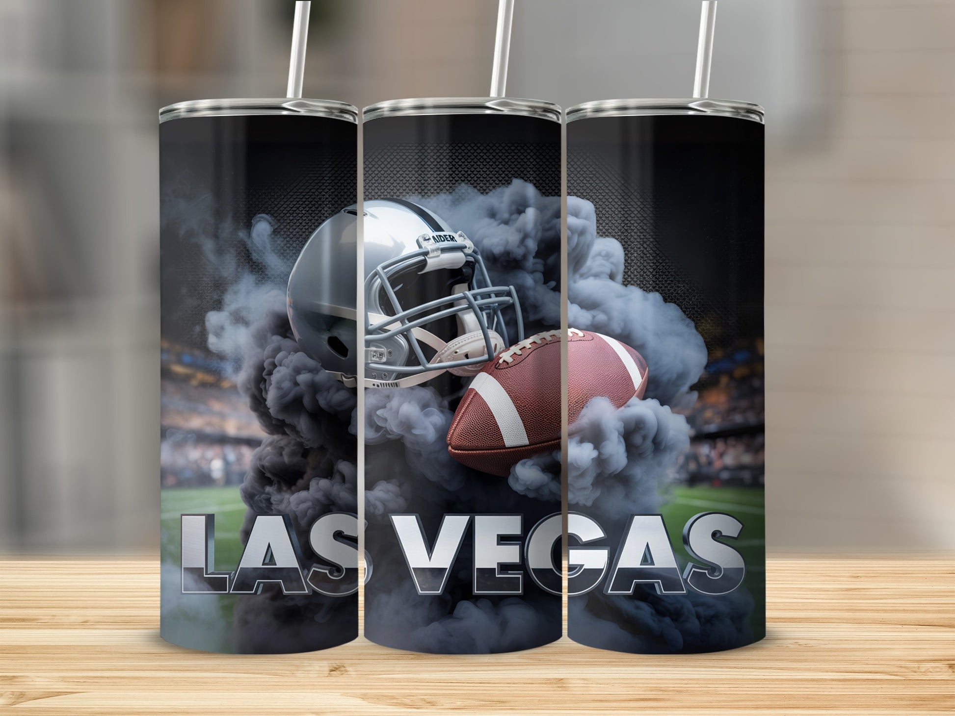 Las Vegas Raiders football helmet and ball with smoke.