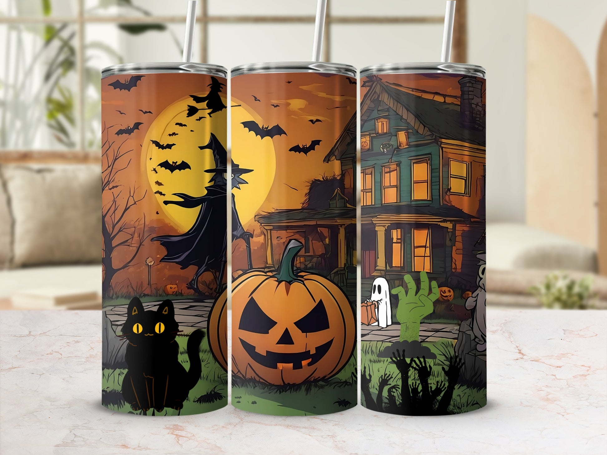Spooky Halloween Design with Witch and Pumpkin Tumbler