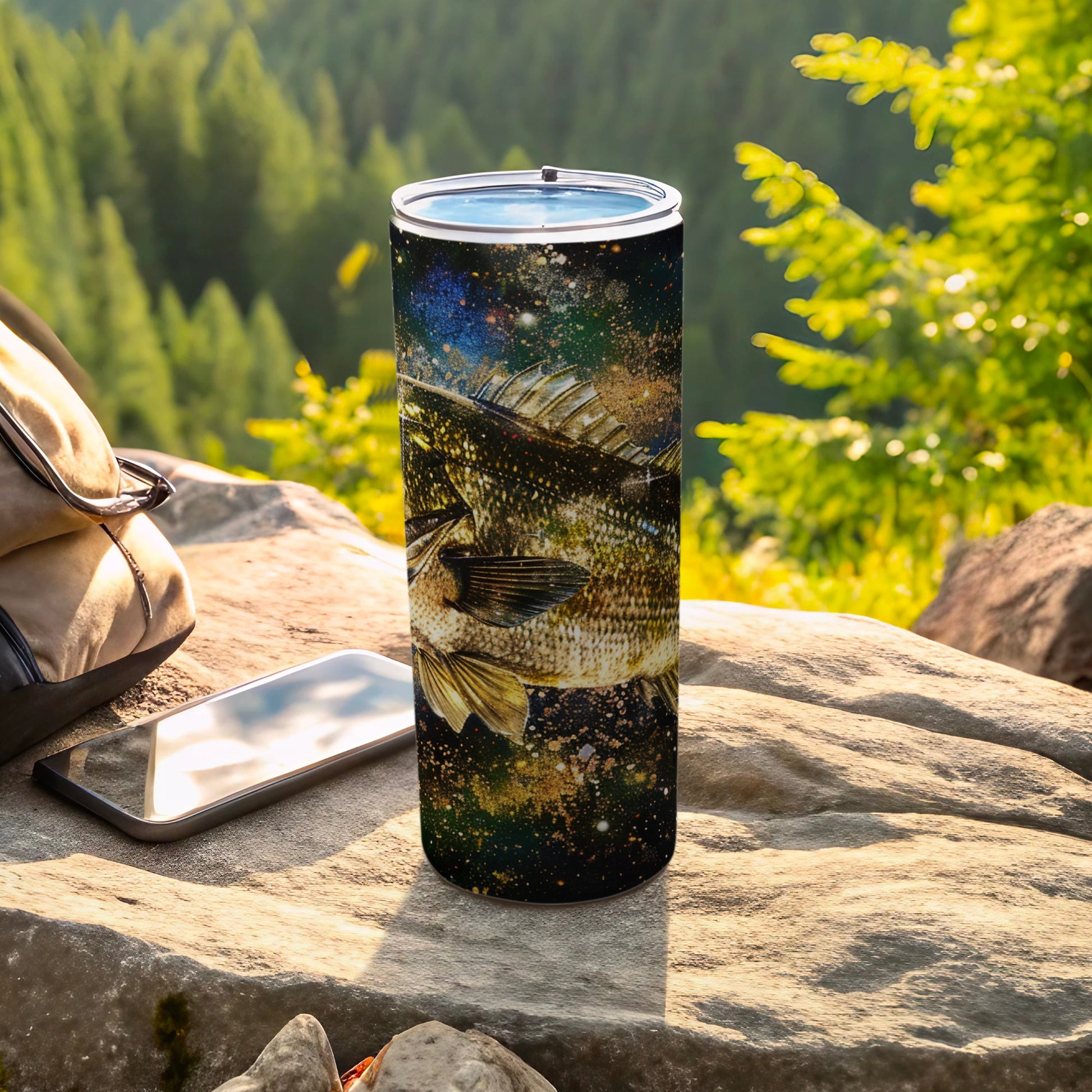 Bass fish illustration on a dark, starry background on a tumbler.