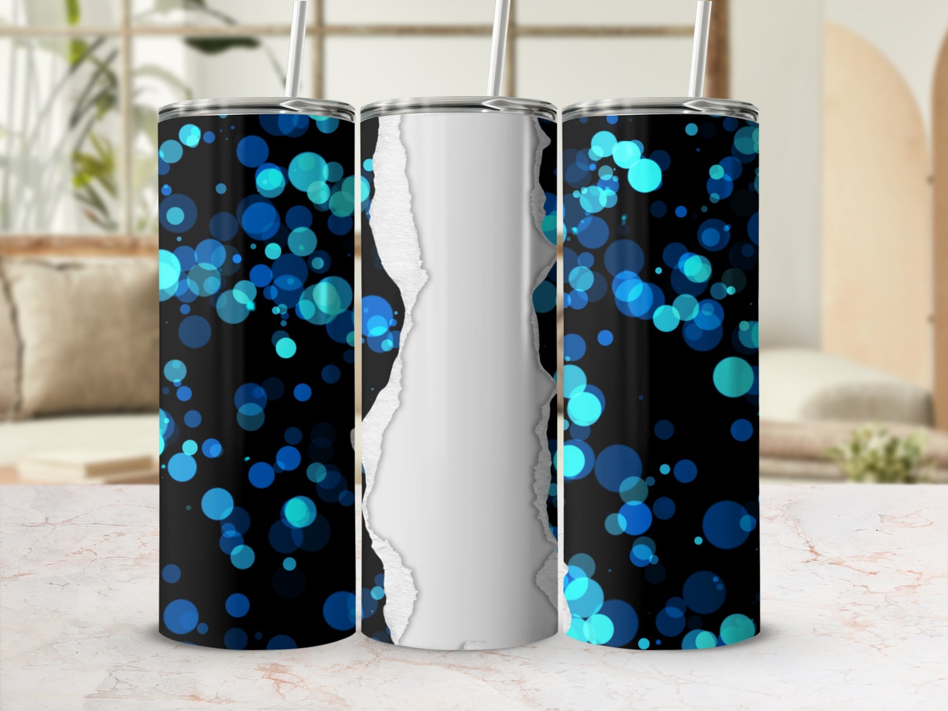 Black tumbler with blue bokeh circles and torn paper design.