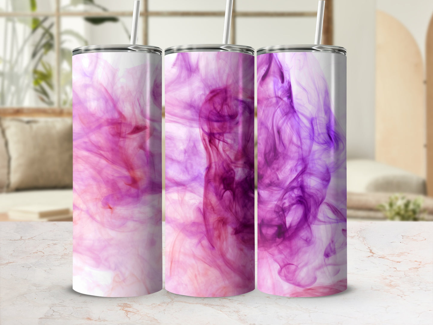 Three tumblers with swirling pink and purple abstract smoke design.