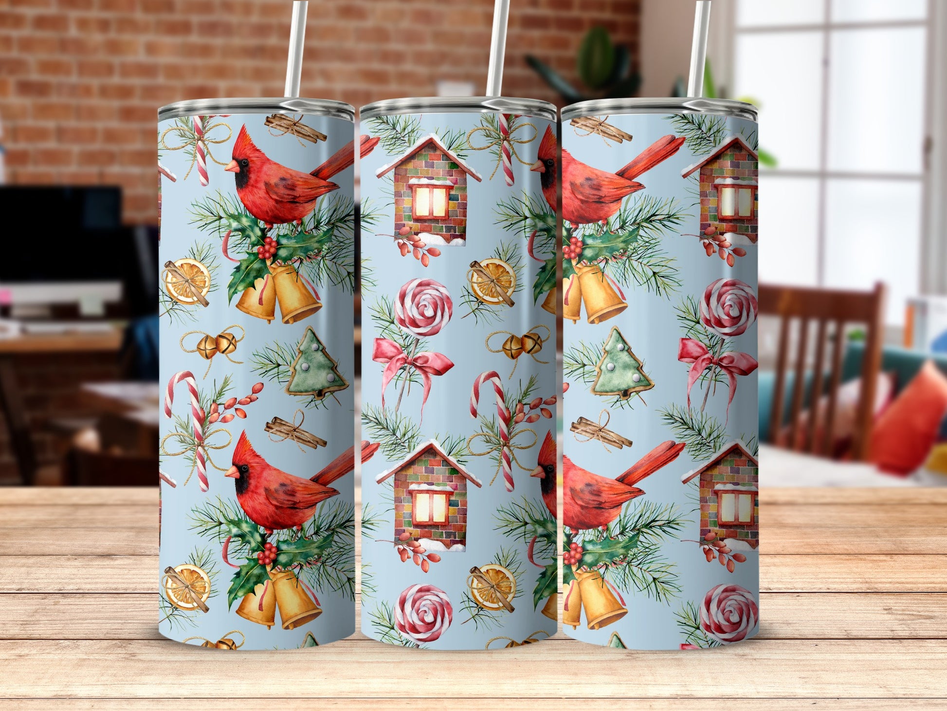 Christmas cardinals, bells, candy canes, and lollipops on skinny tumblers.
