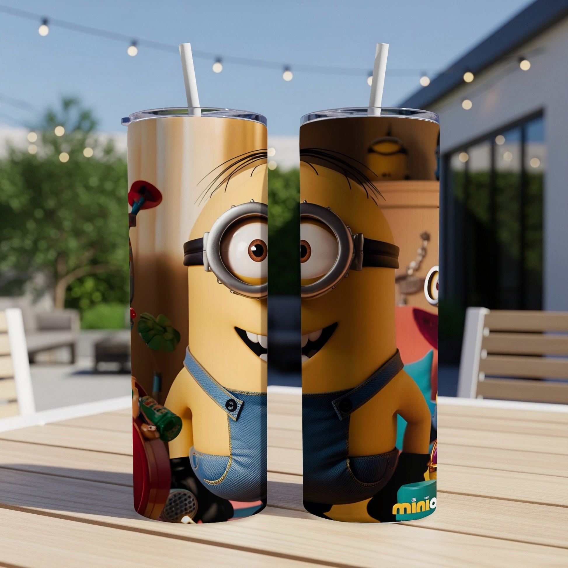 Minion character on two identical cylindrical tumblers with straws on a table.