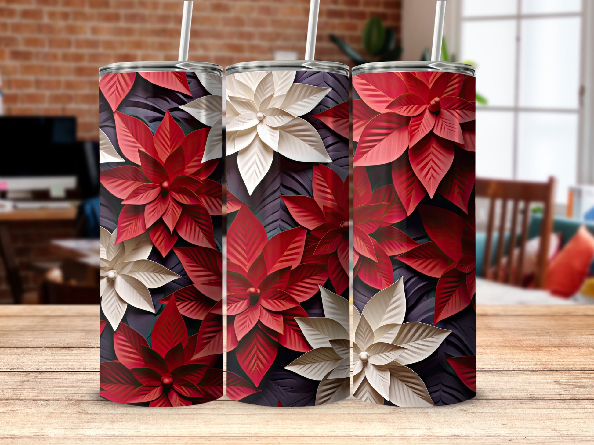 Festive Poinsettia Design Tall Drinkware Flask
