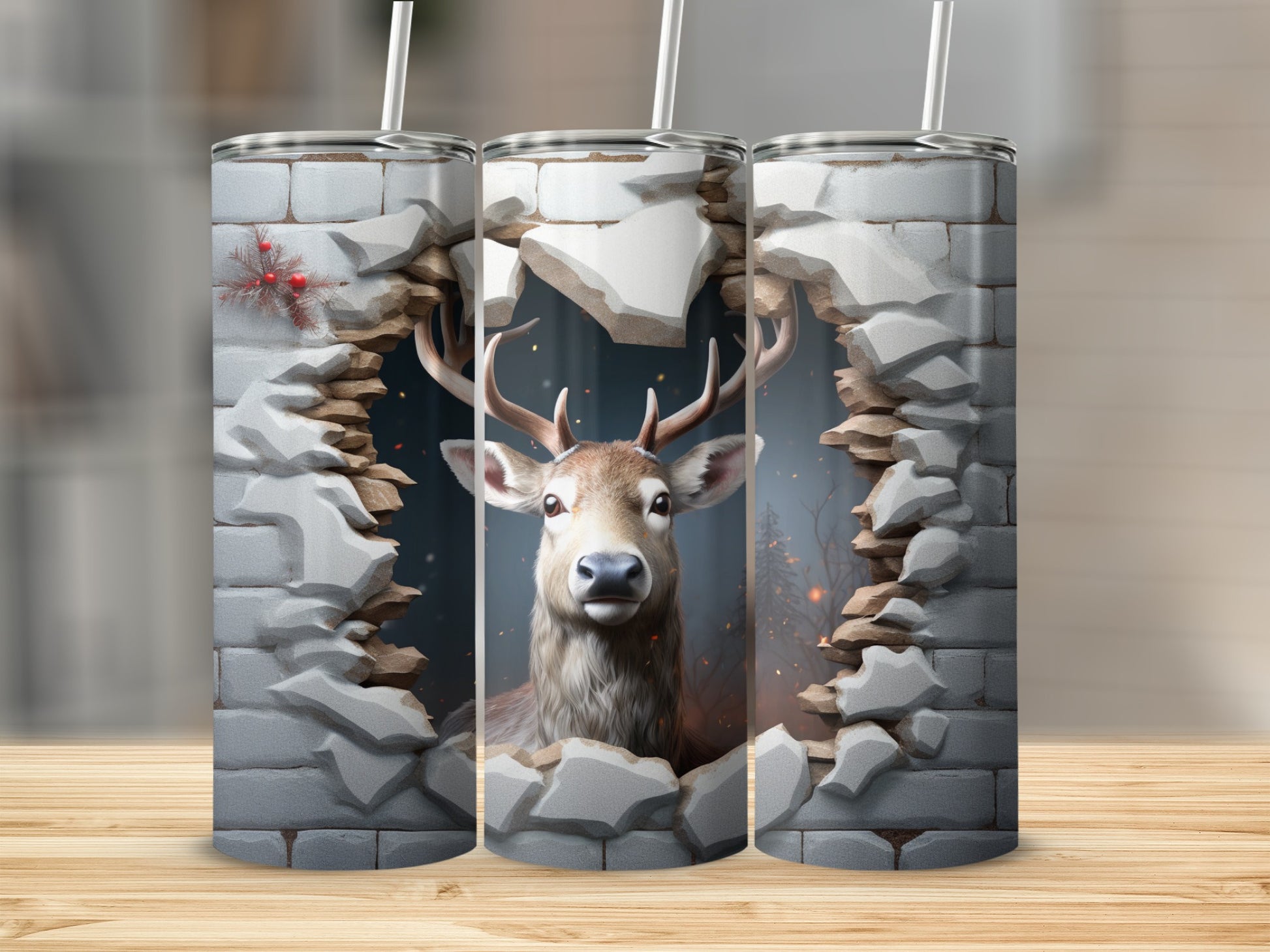 Deer Through Brick Wall Design Tumbler Cup Stunning Artwork