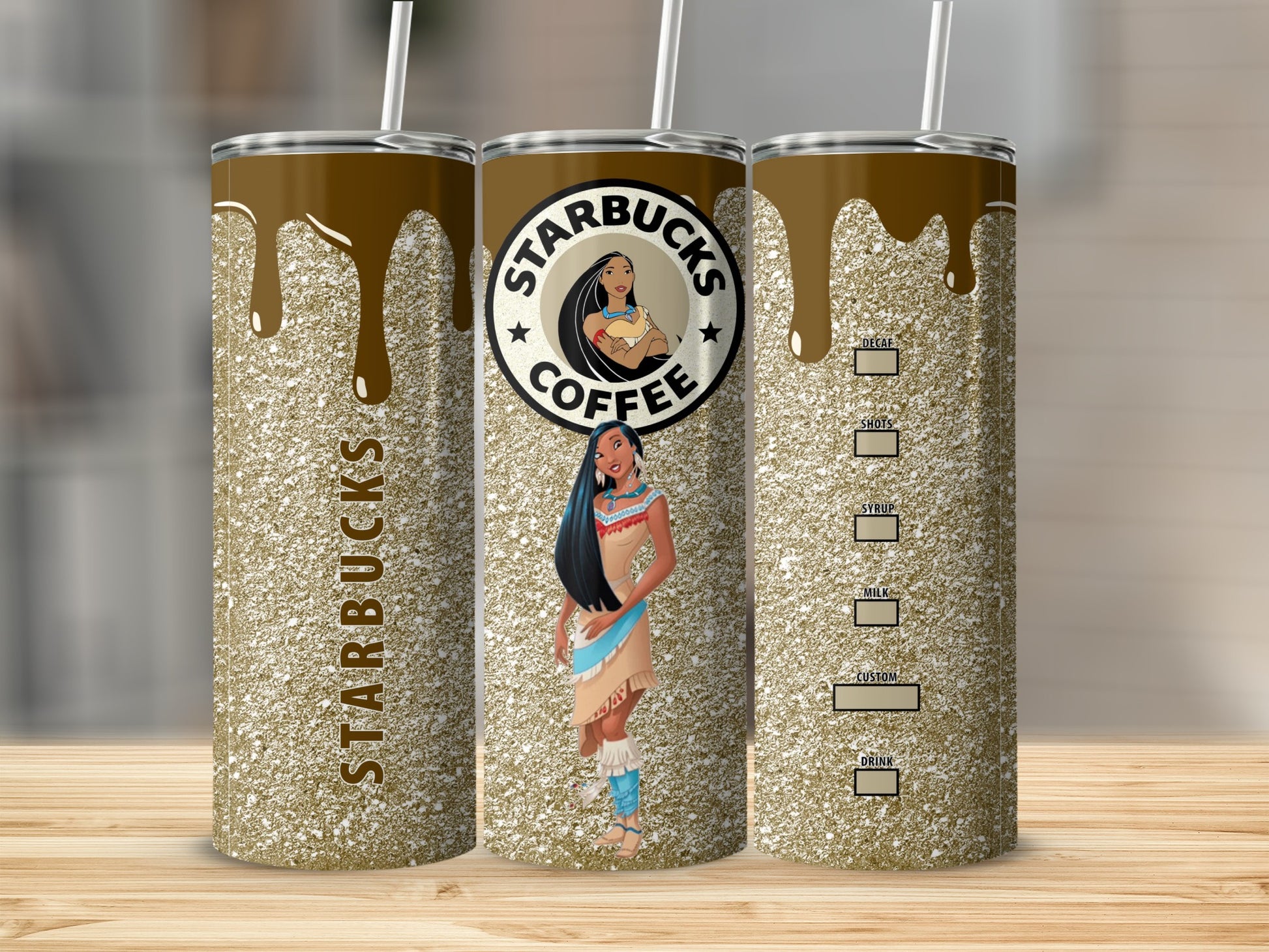 Starbucks Coffee Glitter Tumbler with Pocahontas Theme