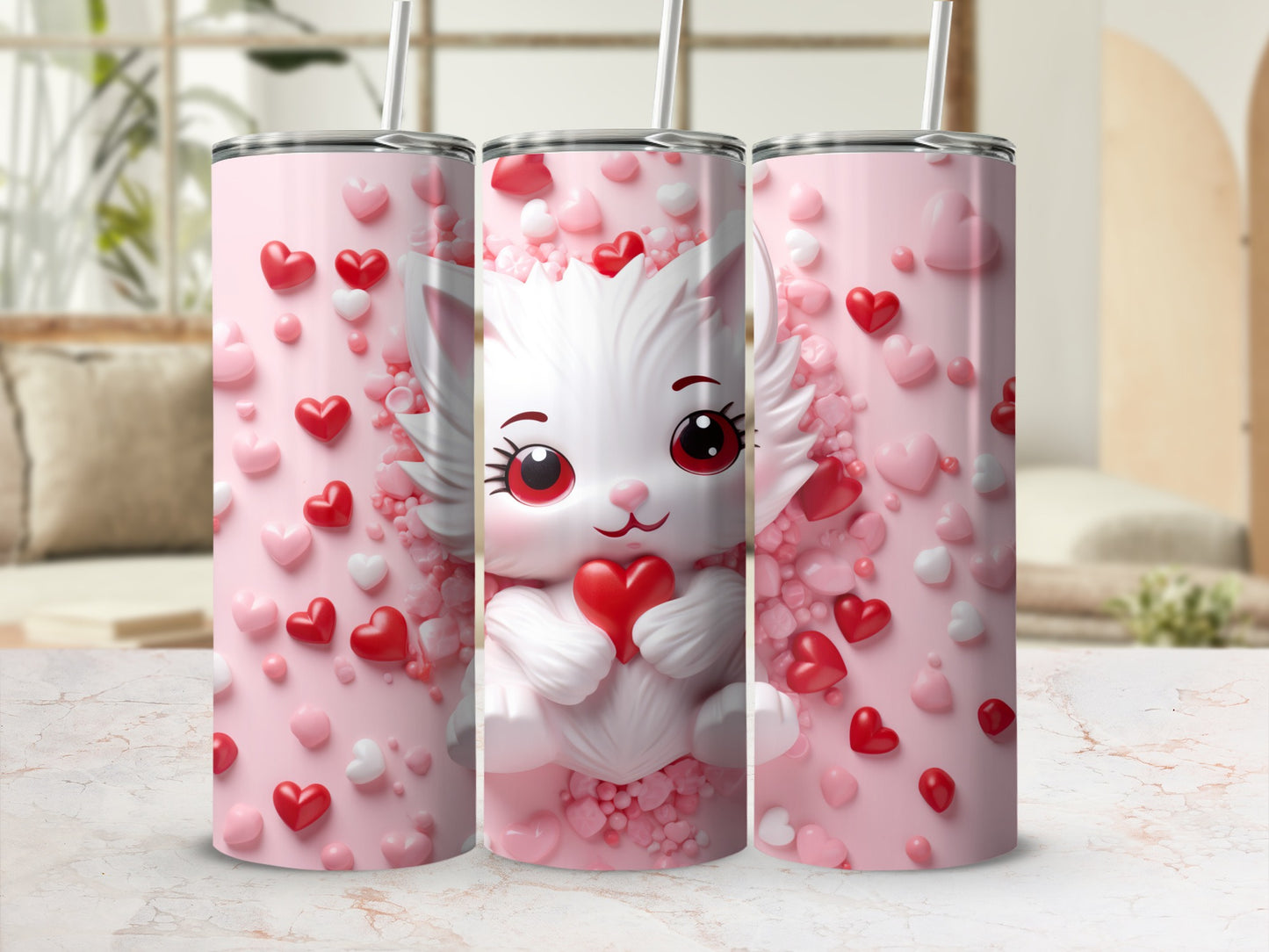 Cute white cat holding a heart on a pink background with hearts.