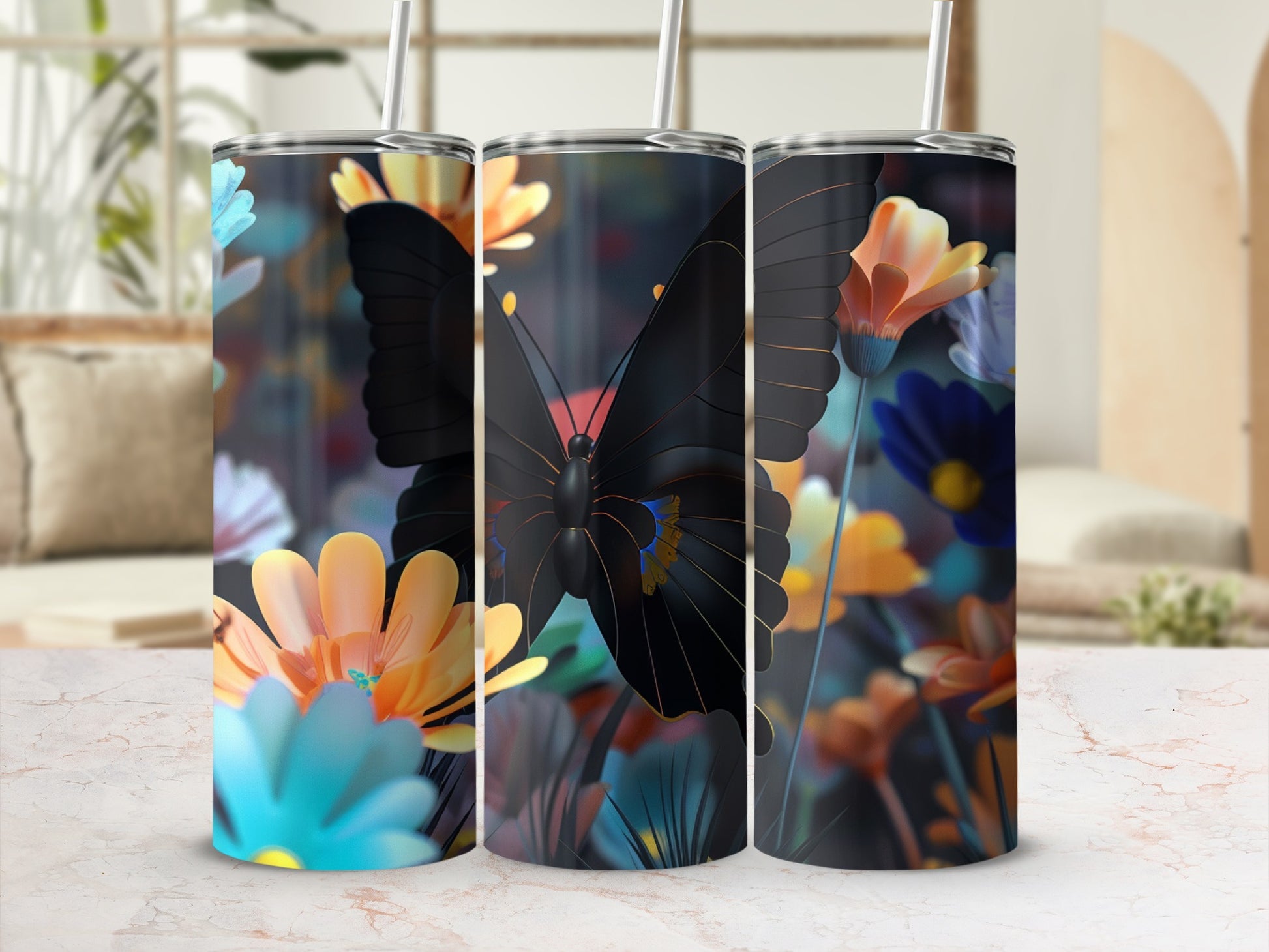 Three tumblers with black butterfly and floral designs on blurred background.