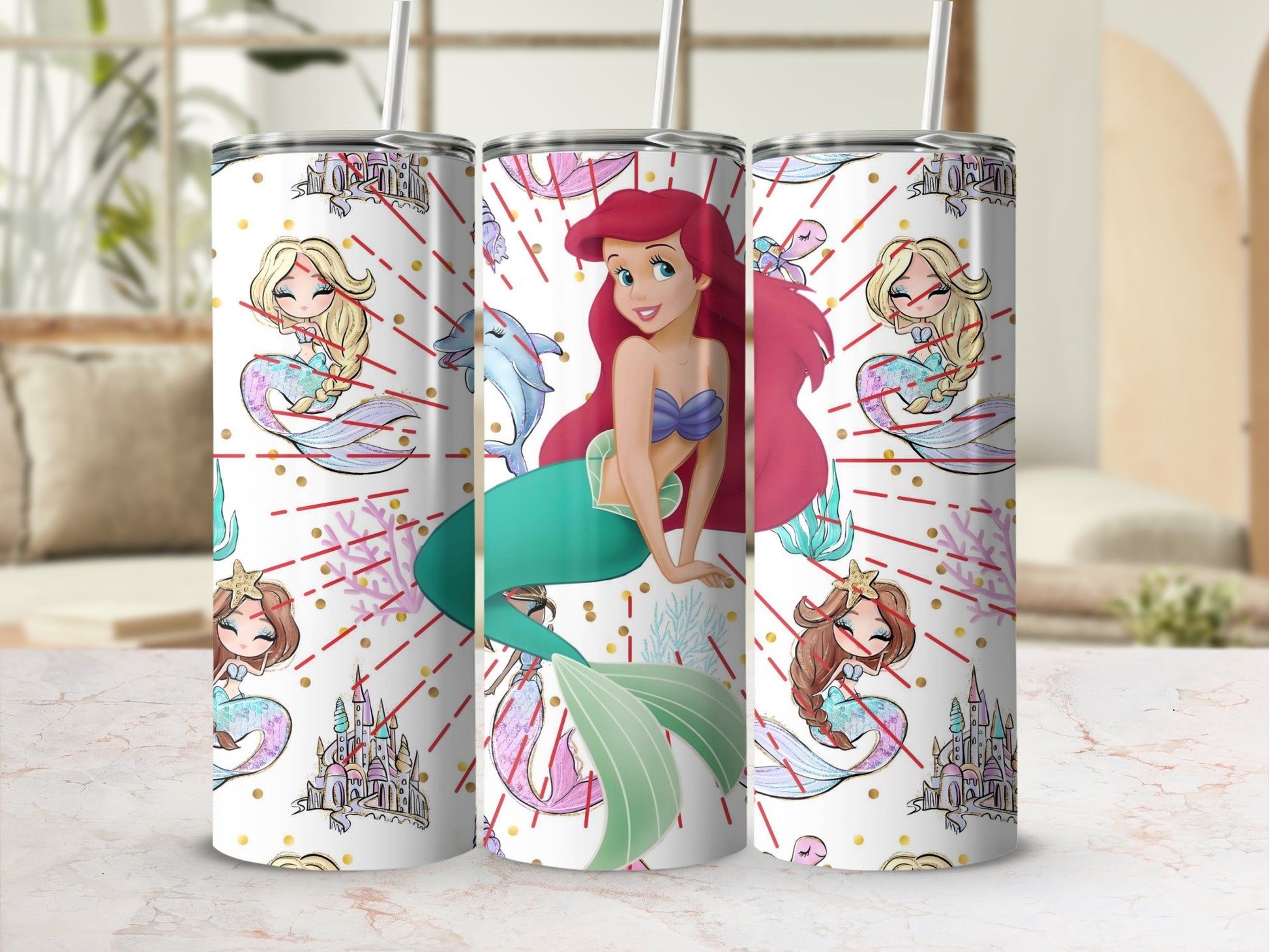 Colorful Cartoon Mermaid Castle Art Drinkware